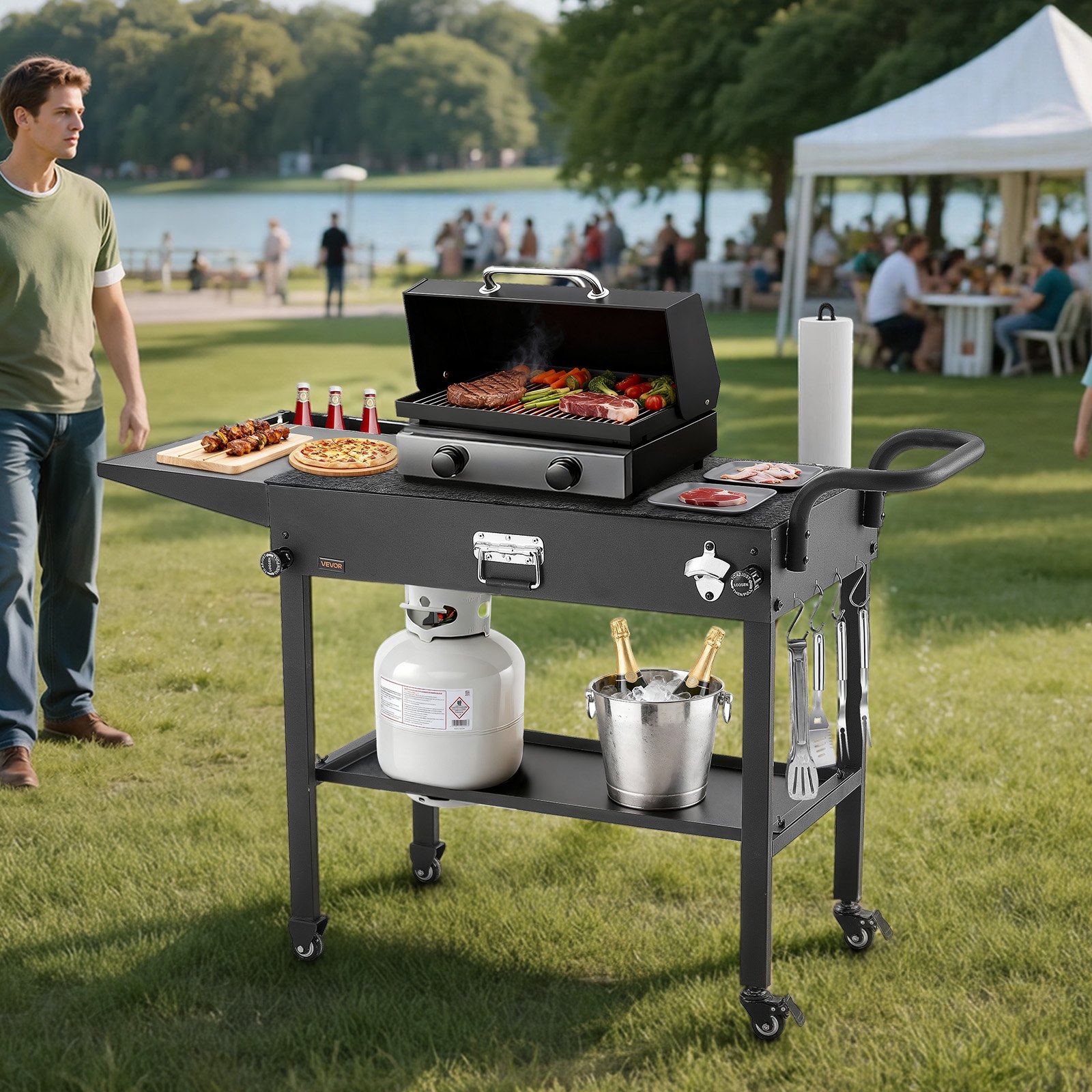 VEVOR Carro de Barbacoa Plegable 787 x 432 mm, Mesa de Barbacoa para Exteriores con Ruedas y Estante, Carrito con Soporte para Pañuelos y Ganchos, Mesa Auxiliar para Jardín, Picnic, Cocina, Patio