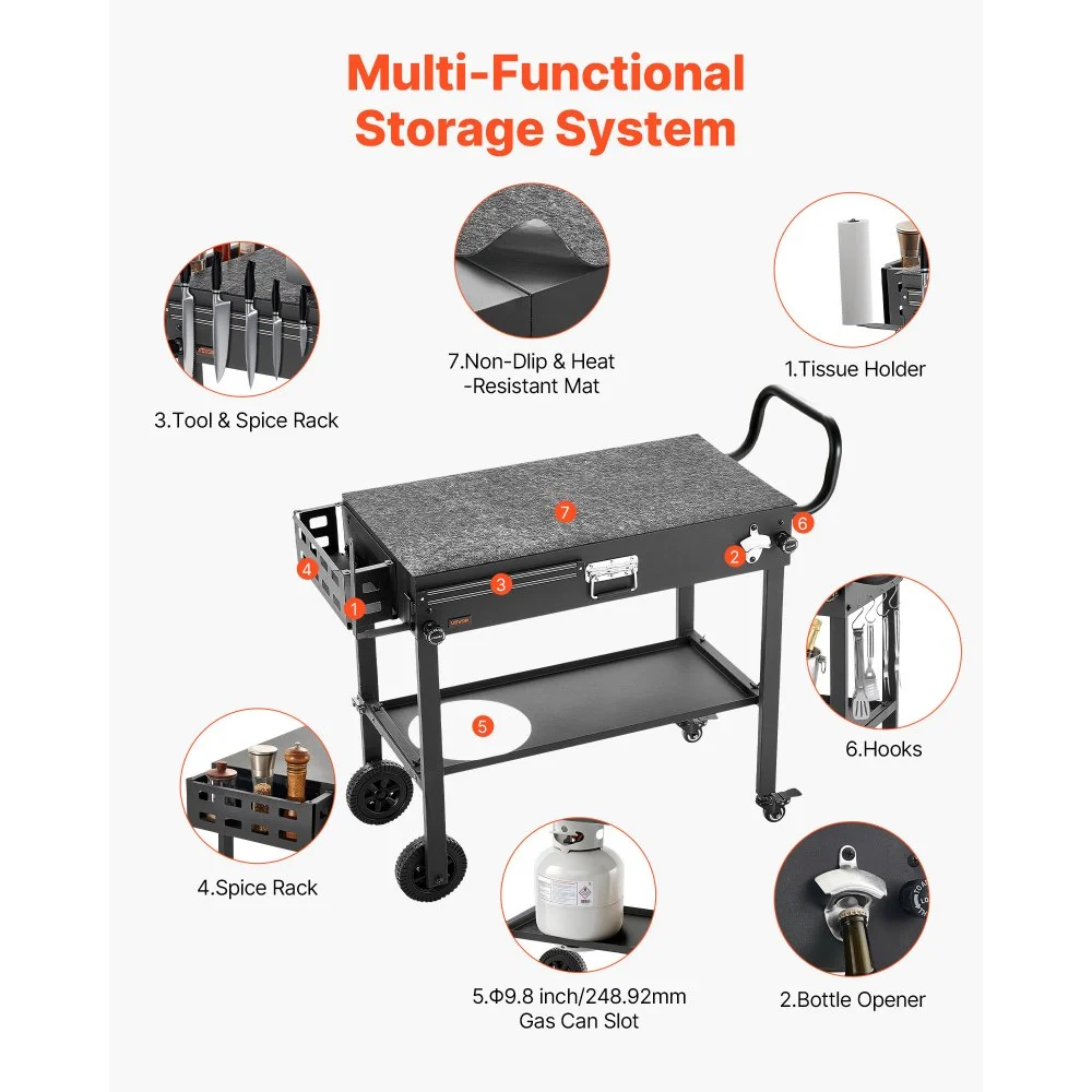 VEVOR Carro de Barbacoa Plegable 787 x 432 mm, Mesa de Barbacoa para Exteriores con Ruedas y Portapañuelos, Carrito con Soporte Magnético para Herramientas, Mesa Auxiliar para Jardín, Picnic, Cocina