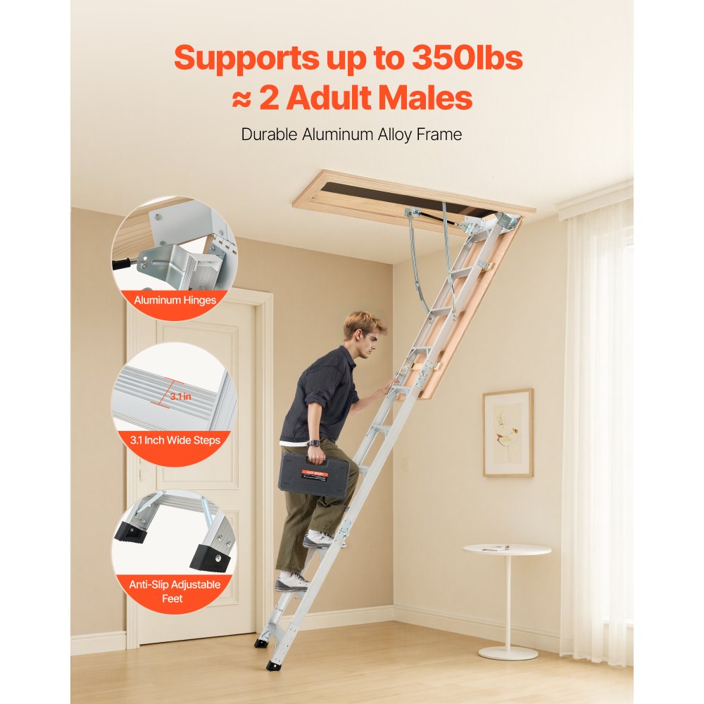 VEVOR attic ladder, load capacity 170 kg, height-adjustable attic ladder from 3 to 3.13 m, foldable aluminum attic stairs, ideal for attic access and upper-floor balconies