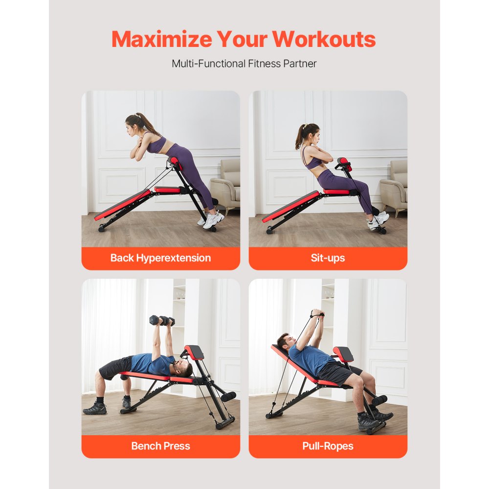 VEVOR Banco de Pesas Multifuncional para Entrenamiento de Cuerpo Completo, Banco de Hiperextensión con Silla Romana, Carga 350 kg, para Entrenamiento de Espalda, Brazos, Abdominales, Negro+Rojo