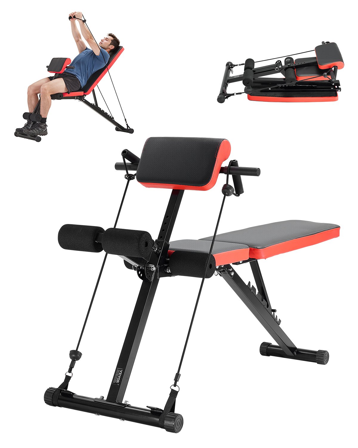 VEVOR Banco de Pesas Multifuncional para Entrenamiento de Cuerpo Completo, Banco de Hiperextensión con Silla Romana, Carga 350 kg, para Entrenamiento de Espalda, Brazos, Abdominales, Negro+Rojo