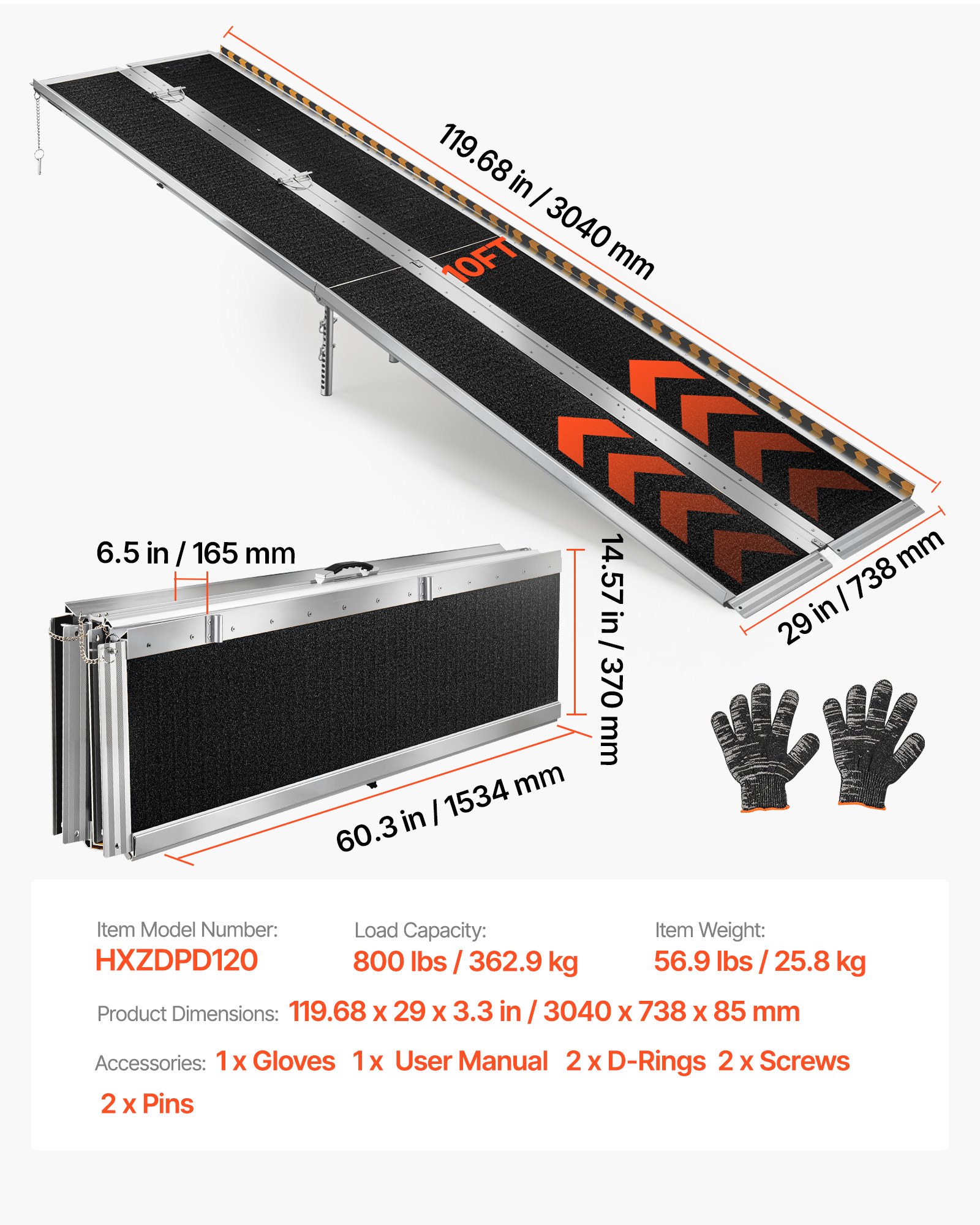 VEVOR Rampa para Silla de Ruedas Plegable Antideslizante 3045 x 745 mm, Rampa de Umbral de Aluminio con Capacidad de Carga 362,9 kg para Entradas, Escaleras, Andadores, Scooters, Puertas y Uso Diario