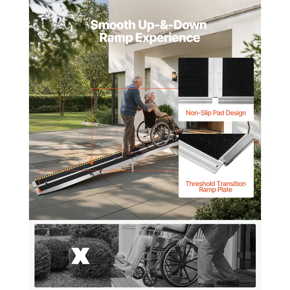 VEVOR Rampa para Silla de Ruedas Plegable Antideslizante 3640 x 735 mm, Rampa de Umbral de Aluminio con Capacidad de Carga 362,9 kg para Escaleras, Puertas, Andadores, Scooters, Entradas y Uso Diario