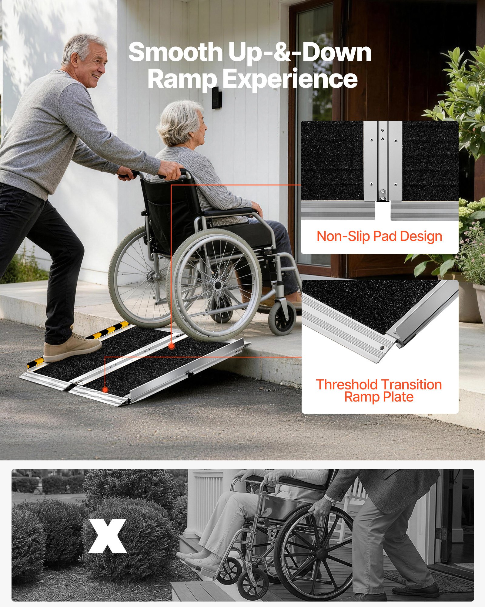 VEVOR Rampa para Silla de Ruedas Plegable de Aluminio 610 x 745 mm, Rampa de Umbral Antideslizante con Capacidad de Carga 362,9 kg para Entradas, Escaleras, Puertas, Scooters, Andadores y Uso Diario