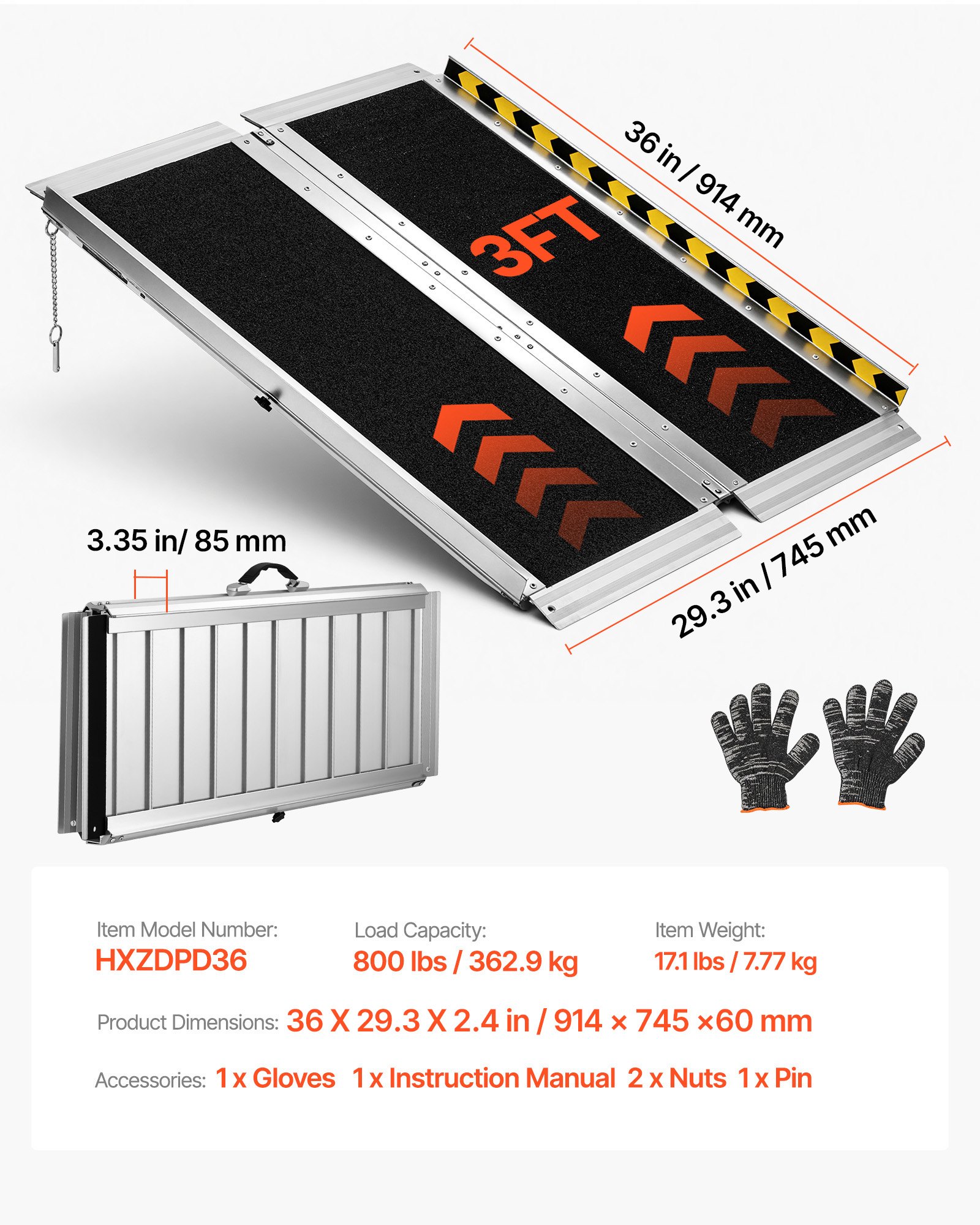 VEVOR Rampa para Silla de Ruedas Plegable Antideslizante 915 x 736,6 mm, Rampa de Umbral de Aluminio con Capacidad de Carga 362,9 kg para Scooters, Escaleras, Puertas, Andadores, Entradas y Uso Diario