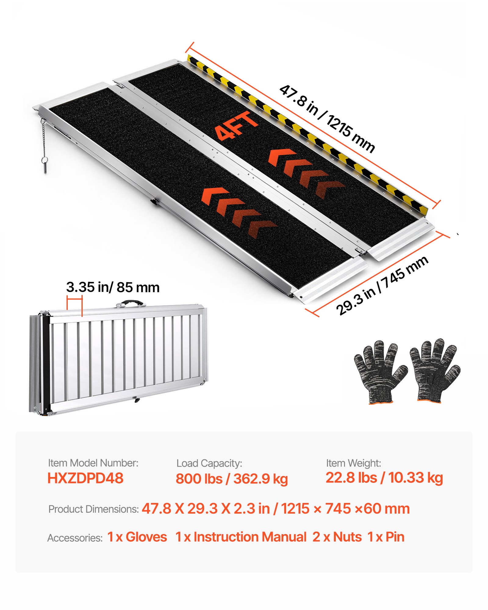 VEVOR Rampa para Silla de Ruedas Plegable Aluminio 1219,2 x 736,6 x 50,8 mm, Rampa de Umbral Antideslizante con Capacidad de 362,9 kg para Puertas, Andadores, Escaleras, Scooters, Entradas, Uso Diario
