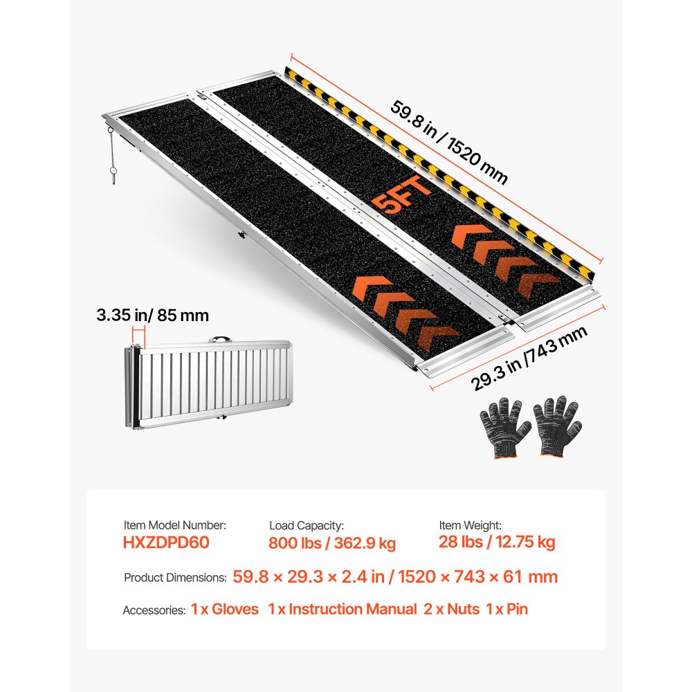 VEVOR Rampa para Silla de Ruedas Plegable de Aluminio 1520 x 745 mm, Rampa de Umbral Antideslizante con Capacidad de Carga 362,9 kg para Puertas, Entradas, Escaleras, Andadores, Scooters y Uso Diario