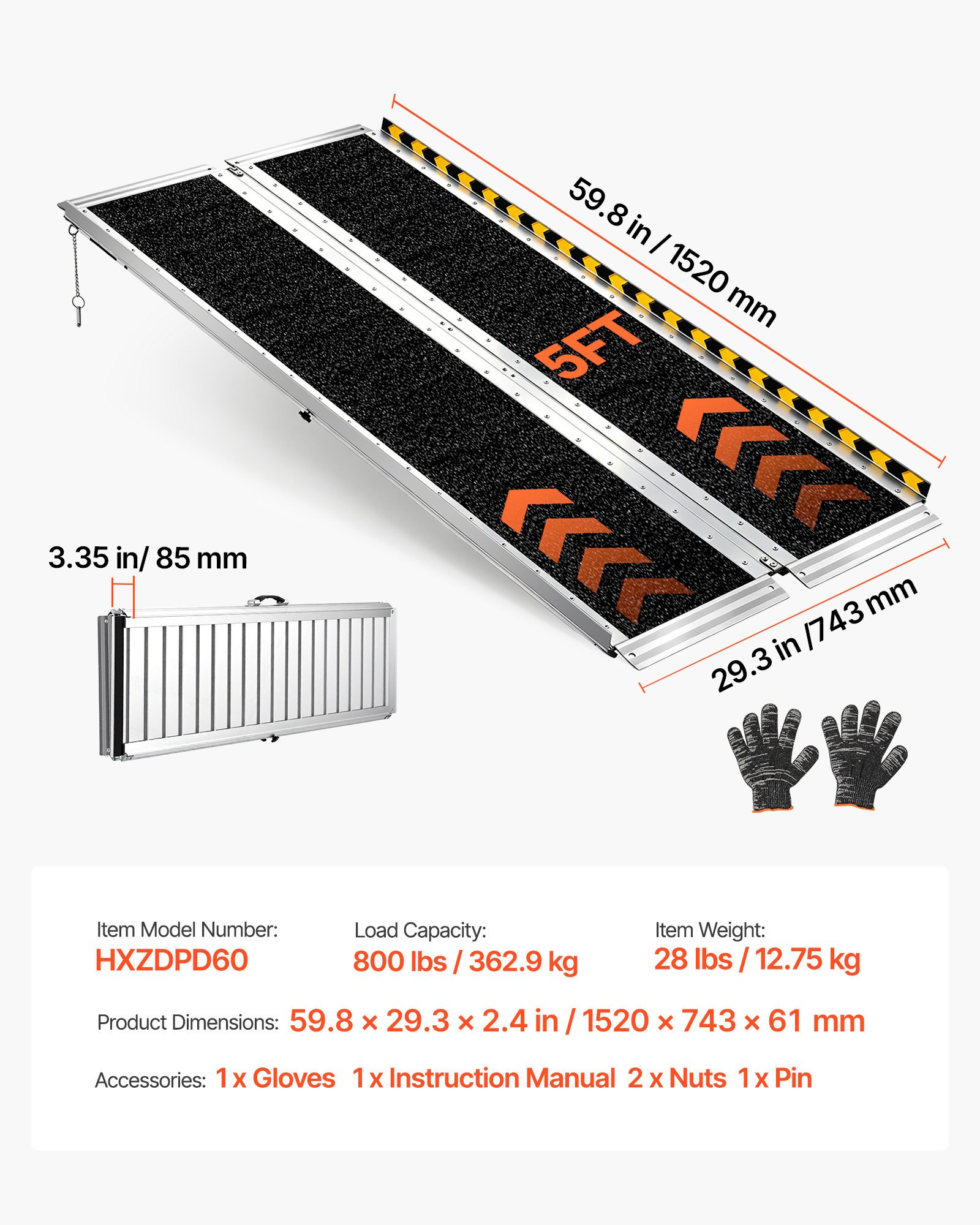 VEVOR Rampa para Silla de Ruedas Plegable de Aluminio 1520 x 745 mm, Rampa de Umbral Antideslizante con Capacidad de Carga 362,9 kg para Puertas, Entradas, Escaleras, Andadores, Scooters y Uso Diario