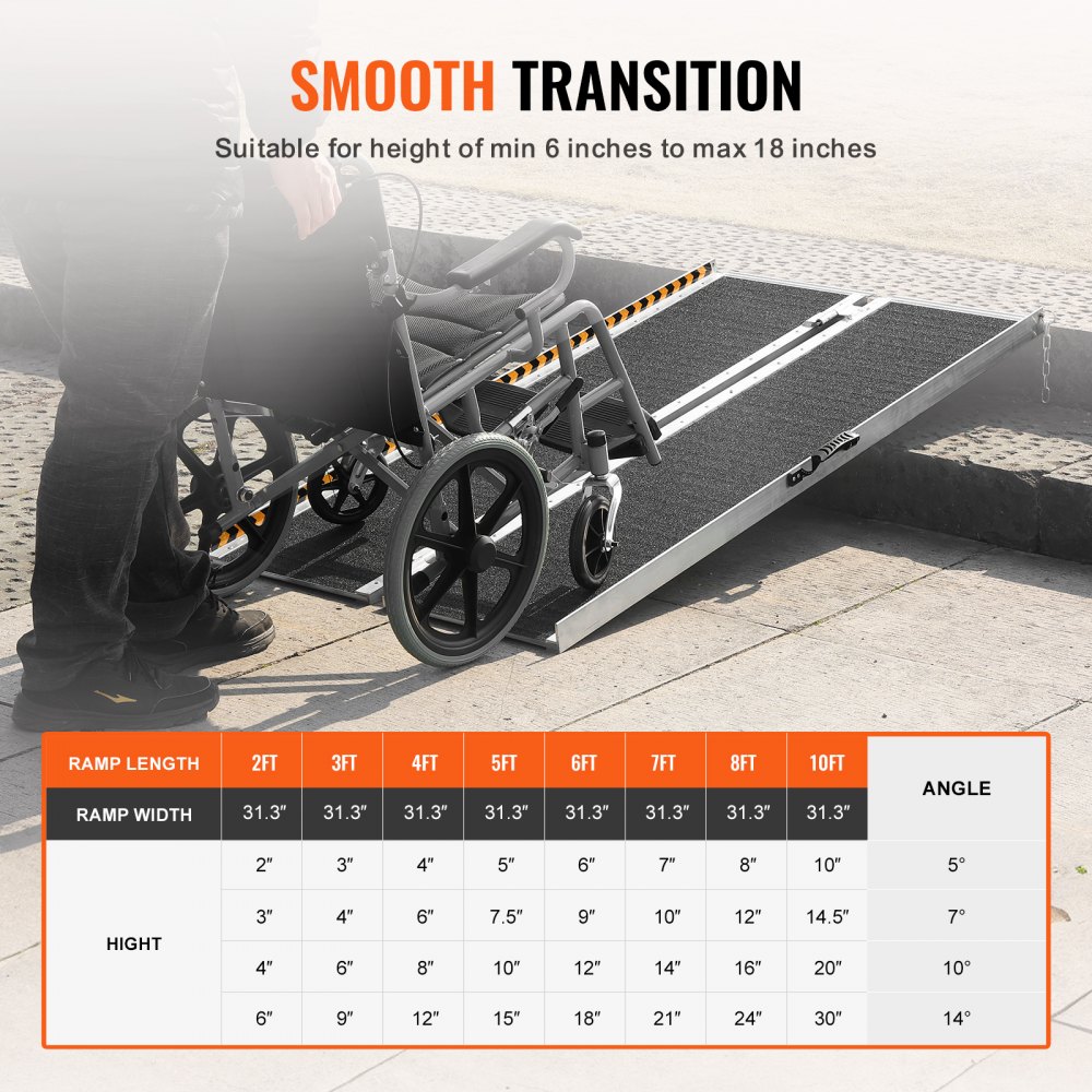 VEVOR Portable Wheelchair Ramp, 182.88 cm, 363 kg Capacity, Anti-Slip Aluminum Folding Threshold Ramp, Foldable Mobility Scooter Ramp, Wheelchair Ramp for Steps, Stairs, Doorways, and Curbs