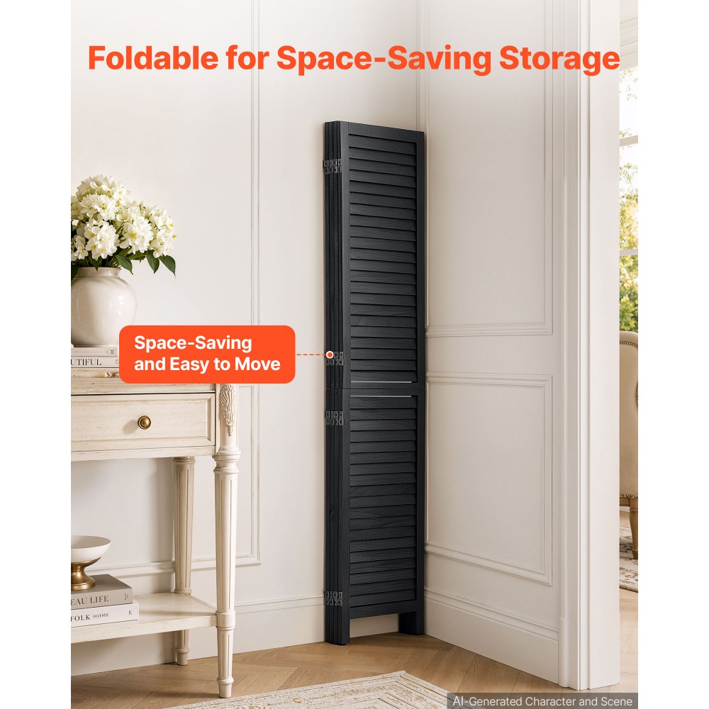 VEVOR Biombo Plegable de Madera 4 Paneles Separador de Ambientes Negro, Pantalla de Privacidad para Dormitorio Salón, Decoración para Hogar, 1640 x 1702 mm, Diseño de Persianas, Kit de Instalación