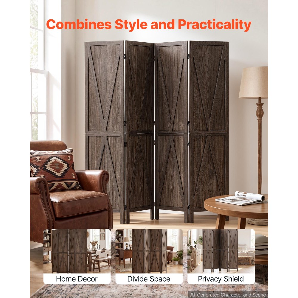 VEVOR Biombo Plegable de Madera 4 Paneles Pantalla de Privacidad Marrón, Separador de Ambientes para Hogar, Dormitorio, Salón, Oficina, Decoración de Habitación, 1640 x 1702 mm, Patrón en Forma de X