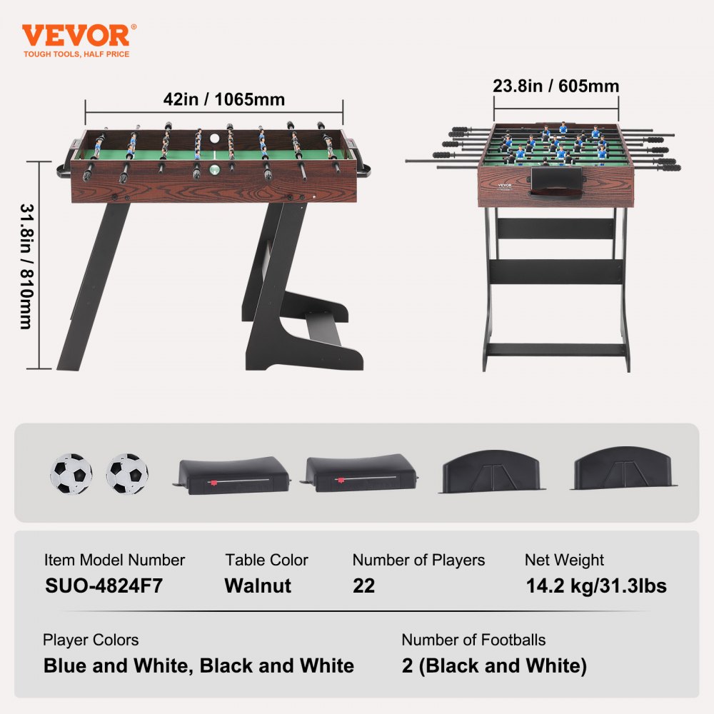 VEVOR Mesa de Futbolín Plegable de Tamaño Estándar de 1065 mm Juego de Futbolín para Interiores, Fútbol de Mesa con 2 Pelotas para Hogar, Familia, Viajes, Sala de Juegos, Bar, Club de Ocio