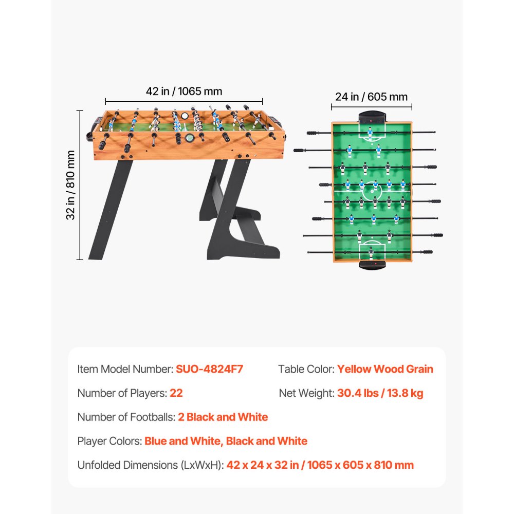 VEVOR Mesa de Futbolín Plegable, Tamaño Estándar, Ideal para Interiores, Hogar, Familia y Sala de Juegos, Juego de Fútbol Resistente, Incluye 2 Pelotas, 1065 x 605 x 810 mm, para 2 a 4 Jugadores