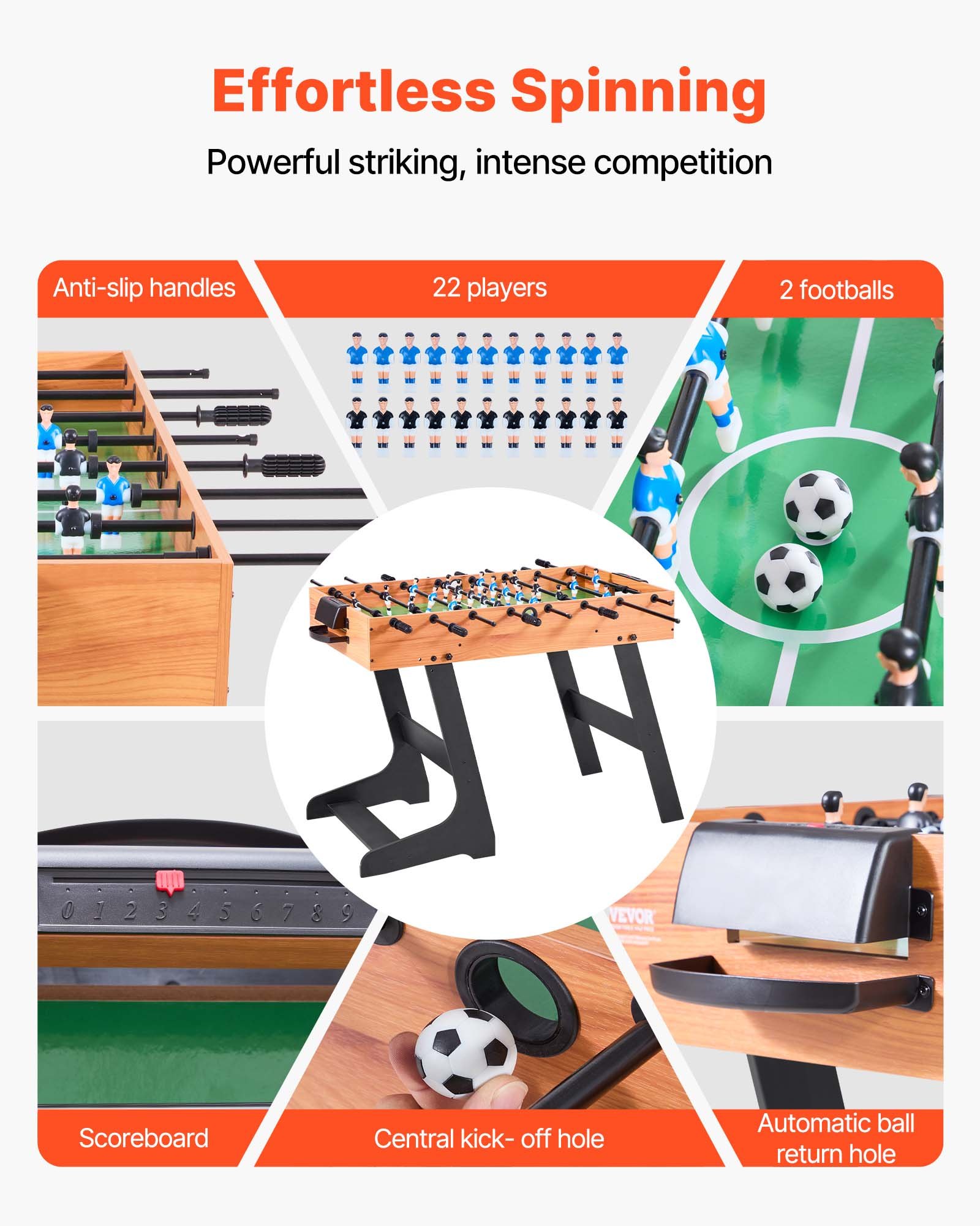 VEVOR Mesa de Futbolín Plegable, Tamaño Estándar, Ideal para Interiores, Hogar, Familia y Sala de Juegos, Juego de Fútbol Resistente, Incluye 2 Pelotas, 1065 x 605 x 810 mm, para 2 a 4 Jugadores