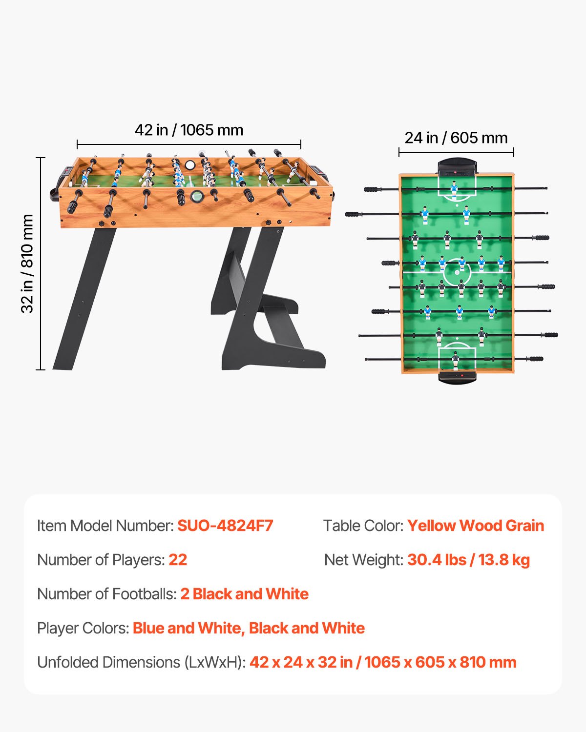 VEVOR Mesa de Futbolín Plegable, Tamaño Estándar, Ideal para Interiores, Hogar, Familia y Sala de Juegos, Juego de Fútbol Resistente, Incluye 2 Pelotas, 1065 x 605 x 810 mm, para 2 a 4 Jugadores