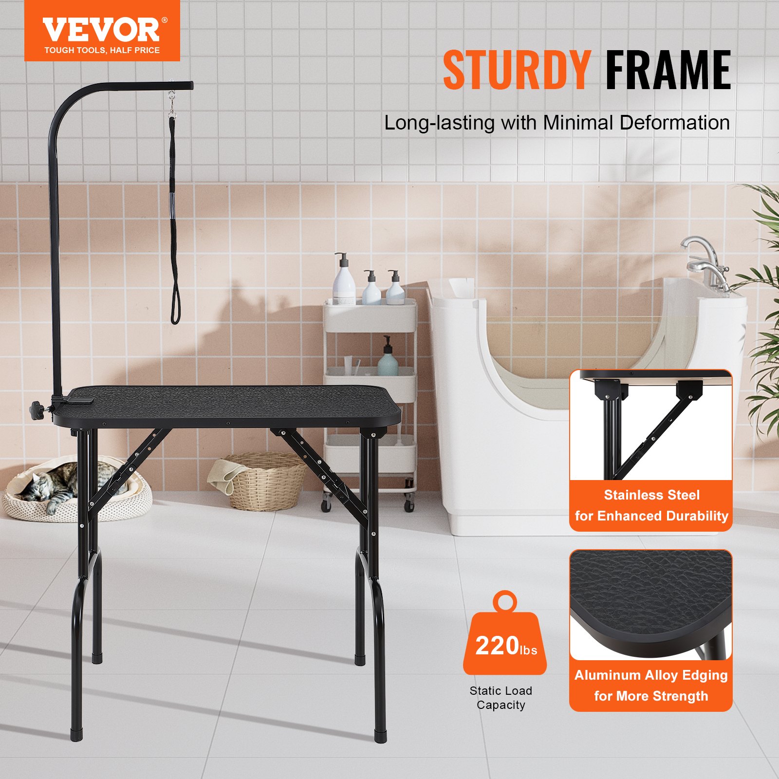 VEVOR Mesa Plegable de Aseo para Mascotas Mesa de 807,7x459,7 mm Mesa de Aseo para Perros Capacidad de Carga de 99,8 kg Mesa de Peluquería para Perros de Acero Inoxidable con 1 Pinza 1 Cuerda 1 Asa