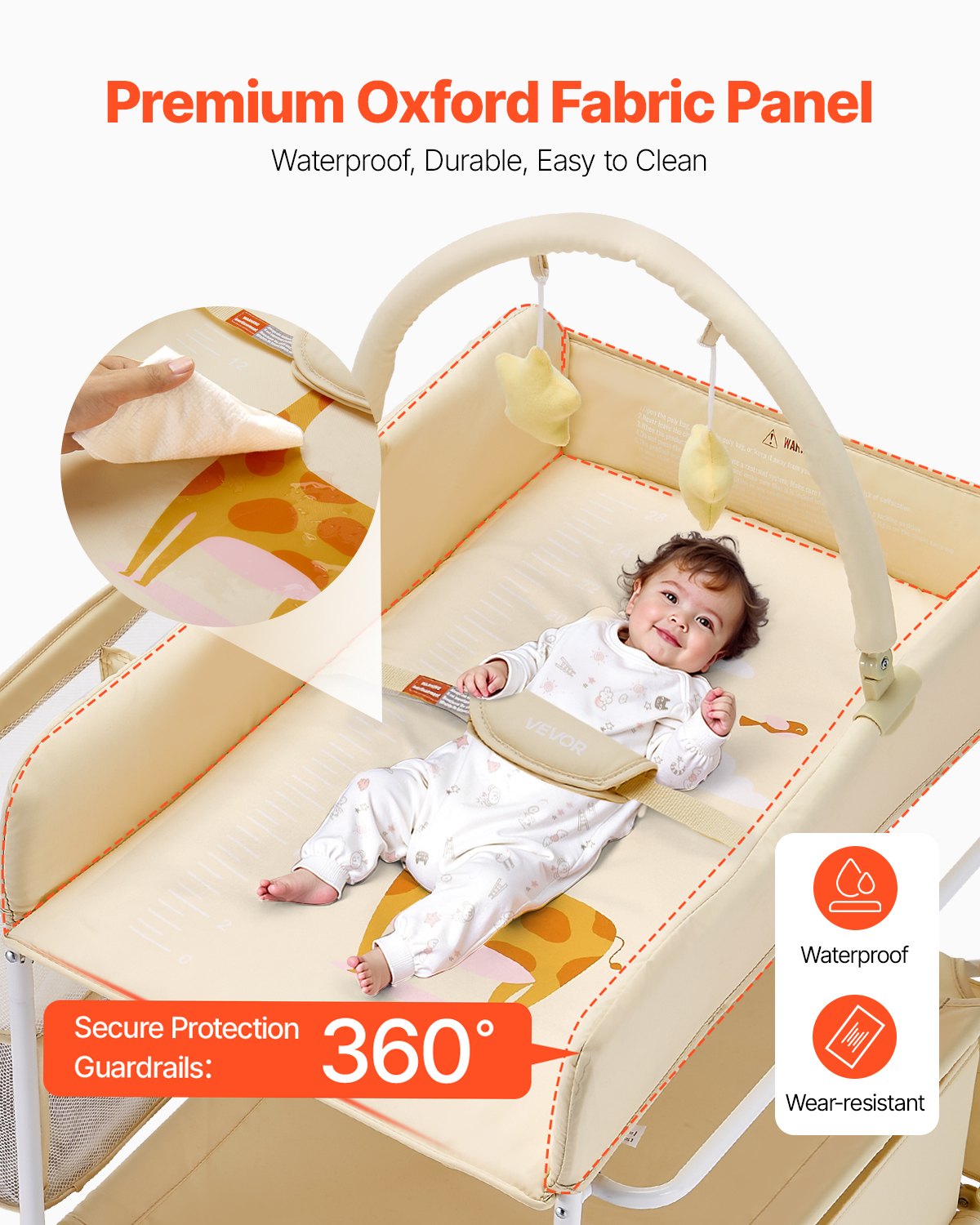 VEVOR Baby Changing Table, Foldable Diaper Change Station with 2 Fabric Drawers, Side Basket & Hanging Rod, Adjustable Height Portable Changing Table with Lockable Wheels & 2 Star Toys, Light Beige