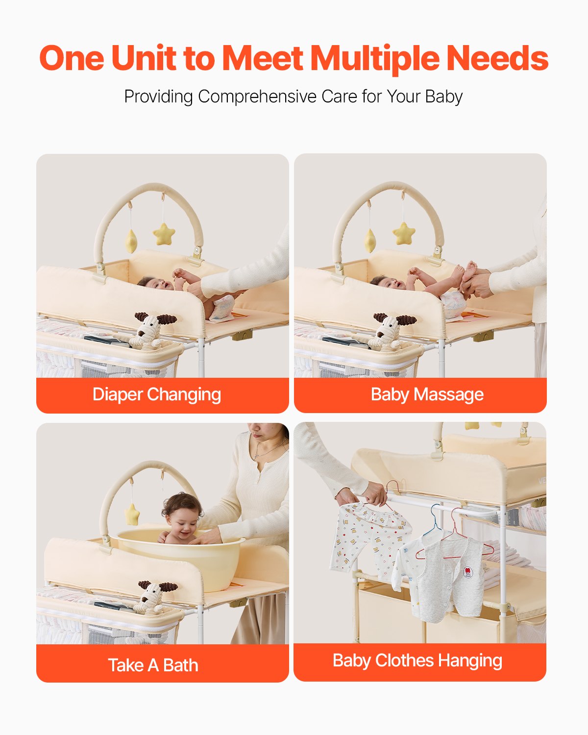 VEVOR Baby Changing Table, Foldable Diaper Change Station with 2 Fabric Drawers, Side Basket & Hanging Rod, Adjustable Height Portable Changing Table with Lockable Wheels & 2 Star Toys, Light Beige
