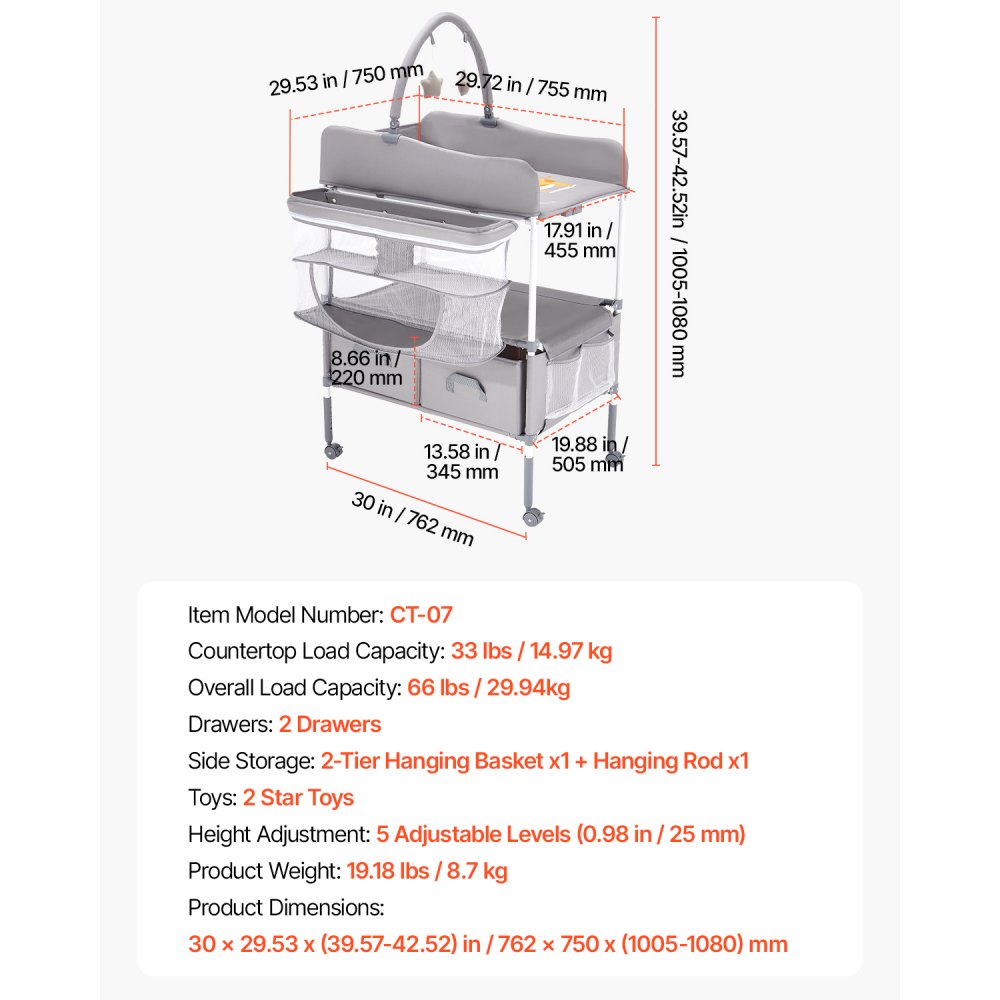 VEVOR Cambiador para Bebé, Cambiador Plegable 762 x 750 x (1005-1080) mm con 2 Cajones de Tela, Cesta Lateral, Barra para Colgar,  Ruedas Bloqueables y 2 Juguetes en Forma de Estrella, Gris Claro
