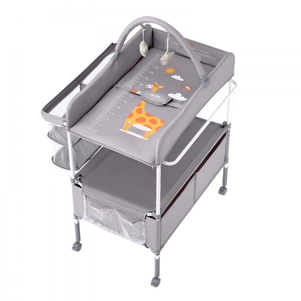 VEVOR Cambiador para Bebé, Cambiador Plegable 762 x 750 x (1005-1080) mm con 2 Cajones de Tela, Cesta Lateral, Barra para Colgar,  Ruedas Bloqueables y 2 Juguetes en Forma de Estrella, Gris Claro