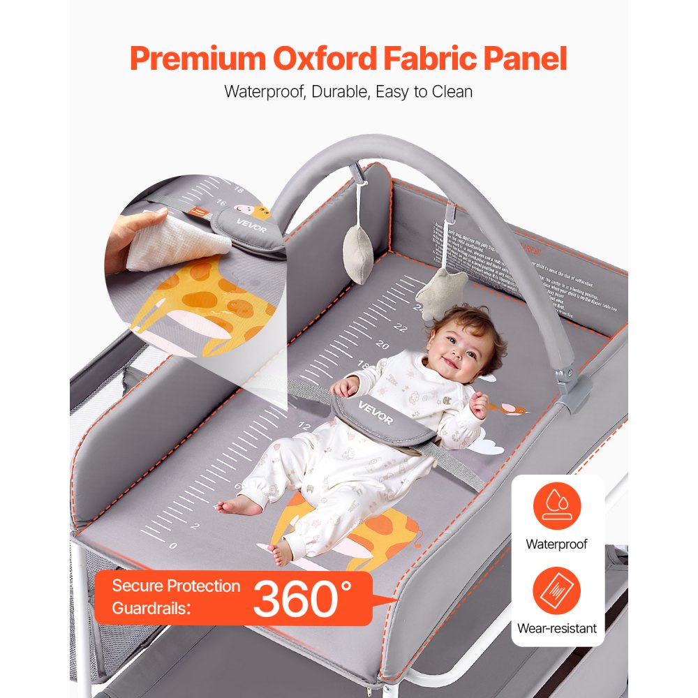 VEVOR Baby Changing Table, Foldable Diaper Change Station with 2 Fabric Drawers, Side Basket & Hanging Rod, Adjustable Height Portable Changing Table with Lockable Wheels & 2 Star Toys, Light Gray