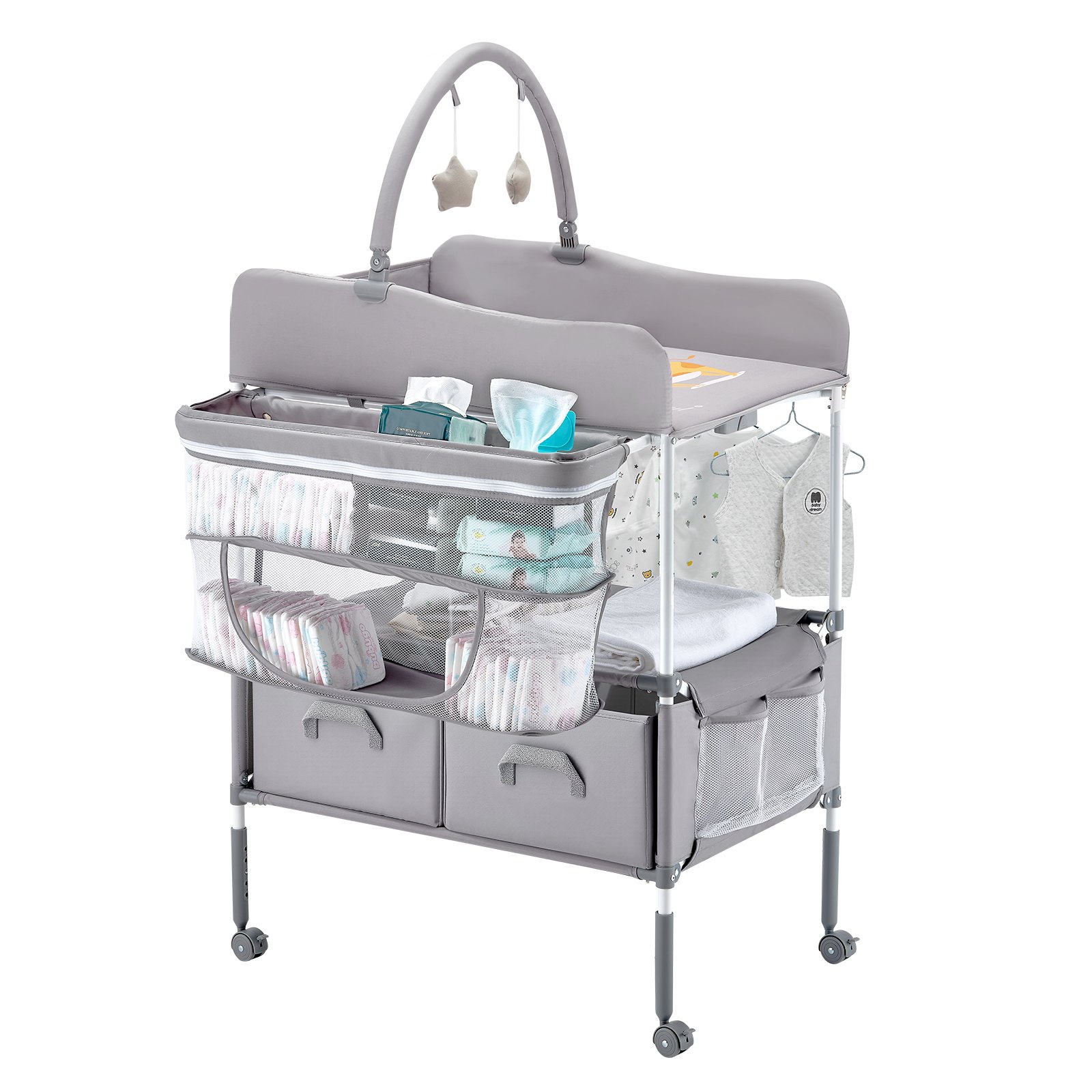 VEVOR Baby Changing Table, Foldable Diaper Change Station with 2 Fabric Drawers, Side Basket & Hanging Rod, Adjustable Height Portable Changing Table with Lockable Wheels & 2 Star Toys, Light Gray