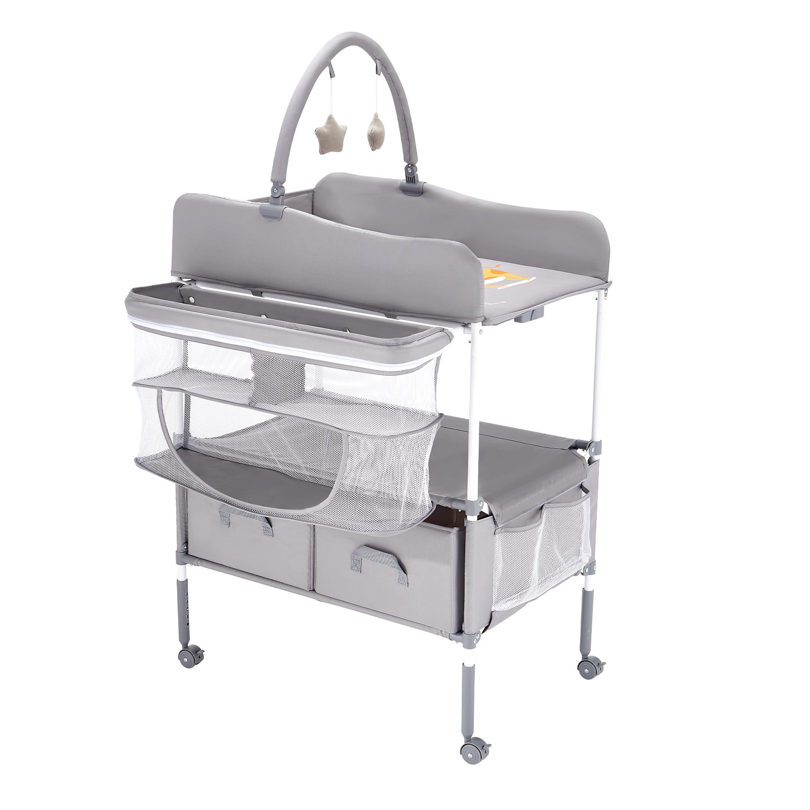 VEVOR Cambiador para Bebé, Cambiador Plegable 762 x 750 x (1005-1080) mm con 2 Cajones de Tela, Cesta Lateral, Barra para Colgar,  Ruedas Bloqueables y 2 Juguetes en Forma de Estrella, Gris Claro