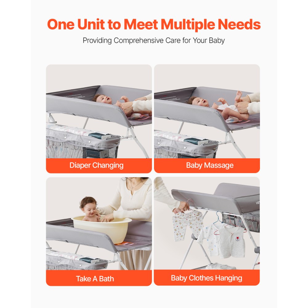 VEVOR Baby Changing Table, Foldable Diaper Change Station with Side Basket, Adjustable Height Portable Changing Table with Lockable Wheels, Multi-Functional Storage Organizer Nursery, Light Gray