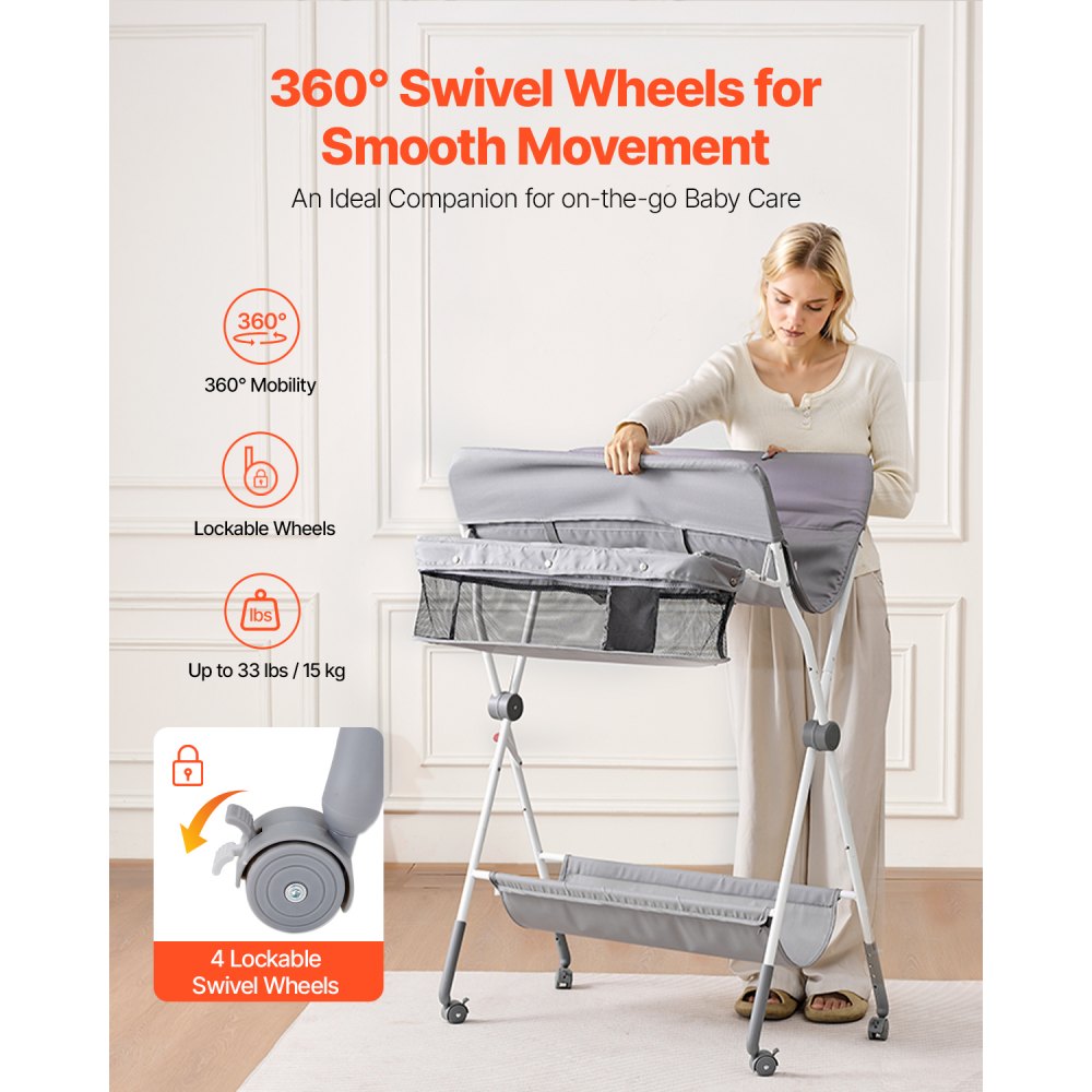 VEVOR Cambiador para Bebé, Cambiador Plegable Portátil de 848 x 745 x (1030-1090) mm con Cesta Lateral, Ruedas Bloqueables, Organizador Multifuncional para Habitación Infantil, Gris Claro
