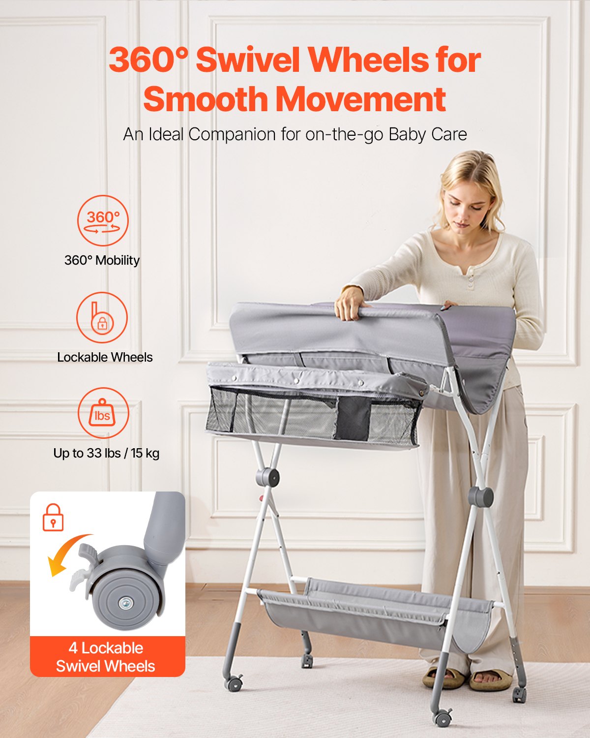 VEVOR Cambiador para Bebé, Cambiador Plegable Portátil de 848 x 745 x (1030-1090) mm con Cesta Lateral, Ruedas Bloqueables, Organizador Multifuncional para Habitación Infantil, Gris Claro