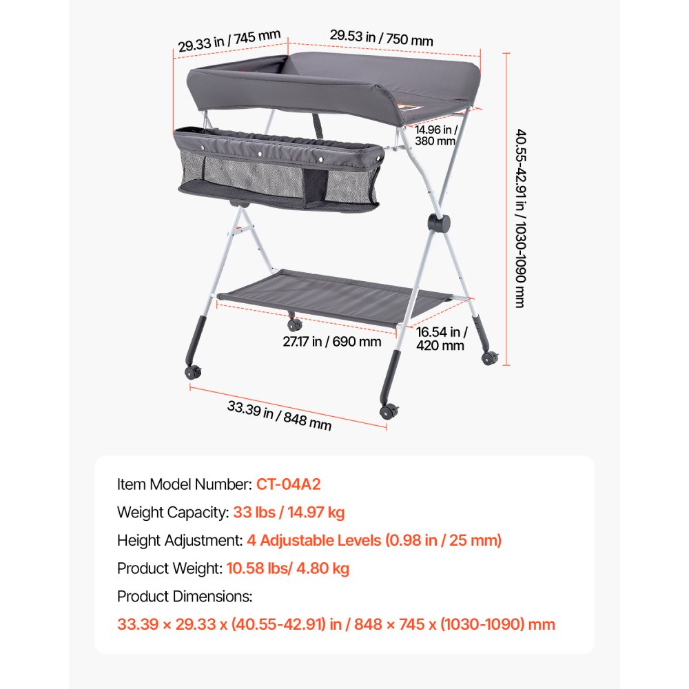 VEVOR Cambiador para Bebé, Cambiador Plegable Portátil de 848 x 745 x (1030-1090) mm con Cesta Lateral, Ruedas Bloqueables, Organizador Multifuncional para Habitación Infantil, Gris Oscuro