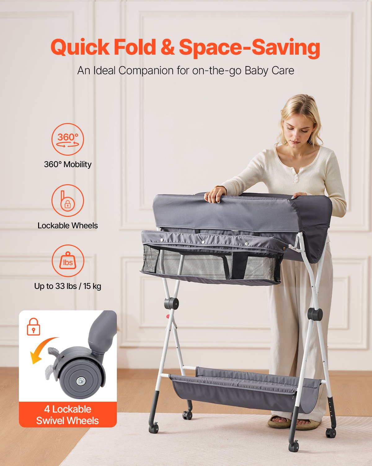 VEVOR Cambiador para Bebé, Cambiador Plegable Portátil de 848 x 745 x (1030-1090) mm con Cesta Lateral, Ruedas Bloqueables, Organizador Multifuncional para Habitación Infantil, Gris Oscuro