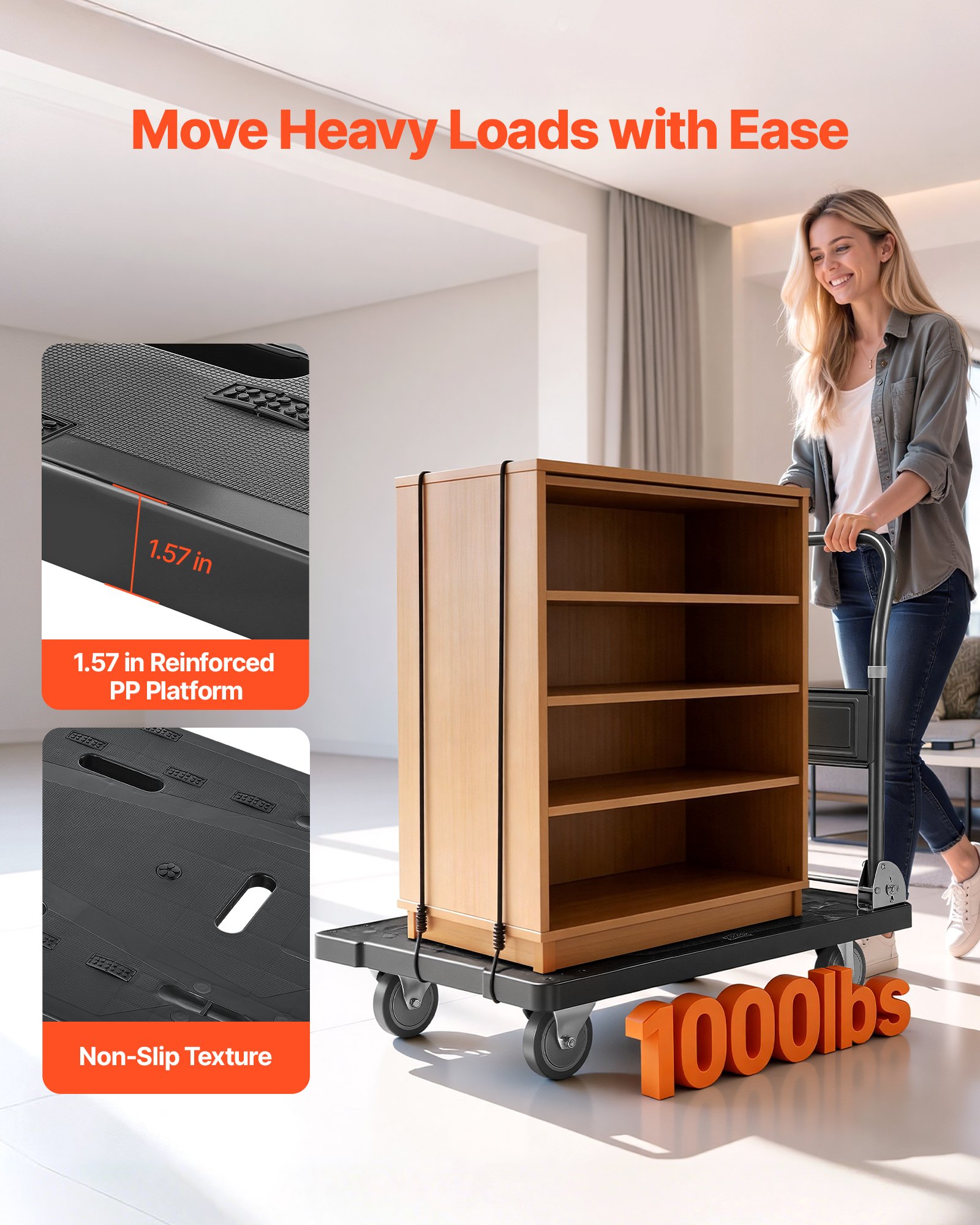 VEVOR Carro Plataforma Plegable 895 x 595 mm, Carretilla de Transporte Carga de 453,59 kg, Carrito Portaequipajes con Plataforma con Ruedas, Asa de Empuje para Tareas Domésticas, Almacén, Mudanza