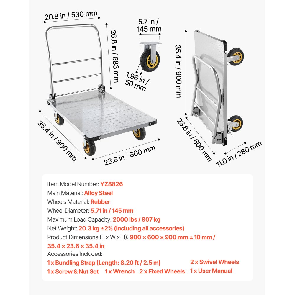 VEVOR Carro Plataforma Plegable de Acero 90 x 60 cm, Carretilla de Transporte Carga de 907,18 kg, Carrito Portaequipajes con Plataforma con Ruedas de 145 mm, para Tareas Domésticas, Almacén, Mudanza