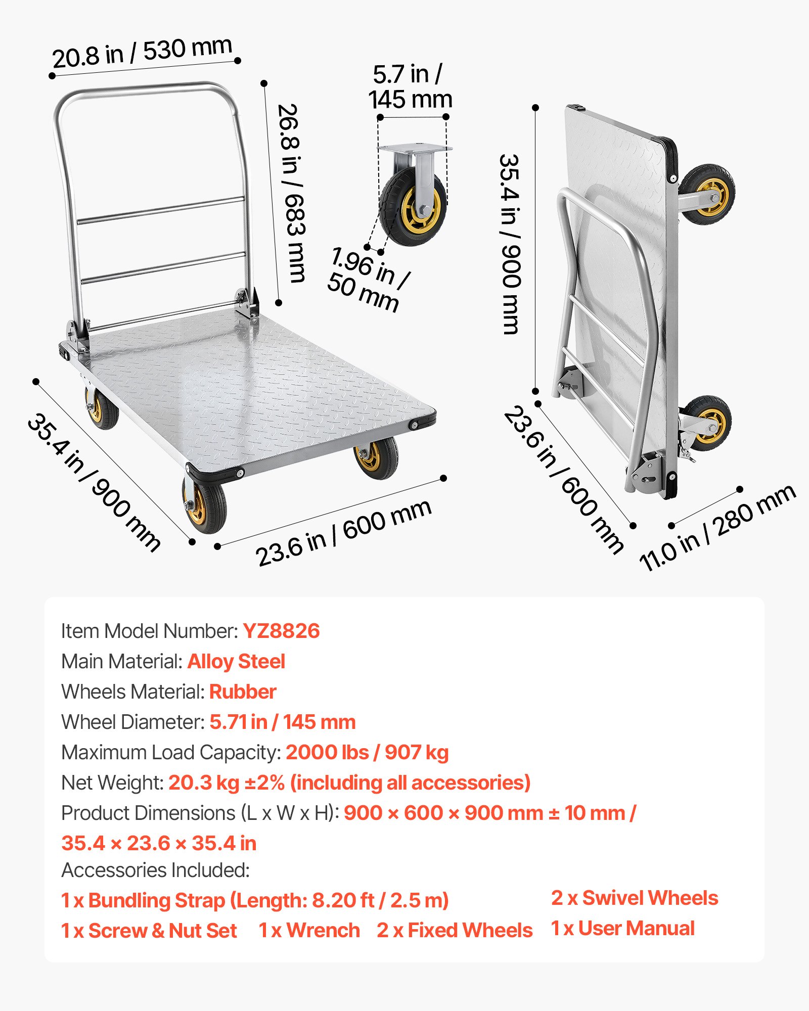 VEVOR Carro Plataforma Plegable de Acero 90 x 60 cm, Carretilla de Transporte Carga de 907,18 kg, Carrito Portaequipajes con Plataforma con Ruedas de 145 mm, para Tareas Domésticas, Almacén, Mudanza