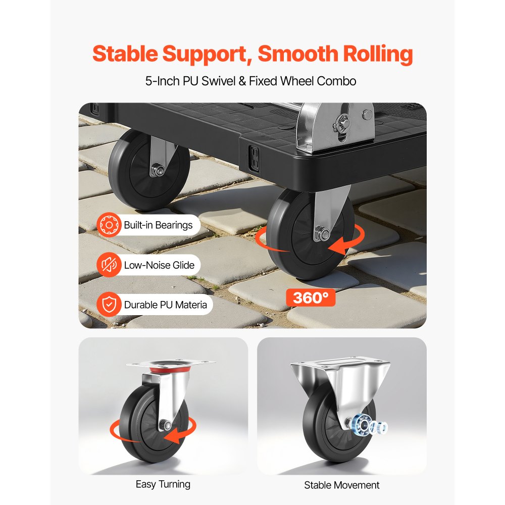 VEVOR Carro Plataforma Plegable 895 x 595 mm, Carretilla de Transporte Carga de 299,37 kg, Carrito Portaequipajes con Plataforma con Ruedas de 127 mm, Asa de Empuje para Tareas Domésticas, Almacén