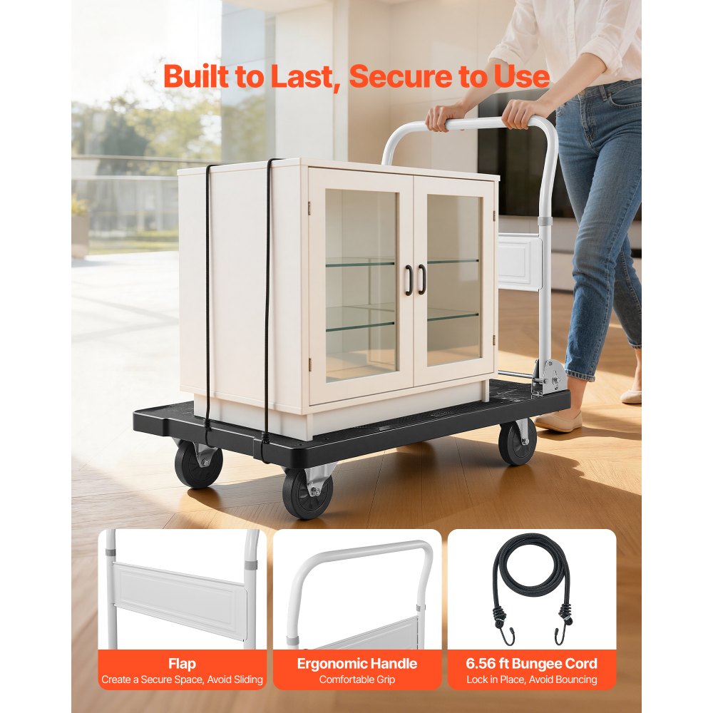 VEVOR Carro Plataforma Plegable 895 x 595 mm, Carretilla de Transporte Carga de 299,37 kg, Carrito Portaequipajes con Plataforma con Ruedas de 127 mm, Asa de Empuje para Tareas Domésticas, Almacén