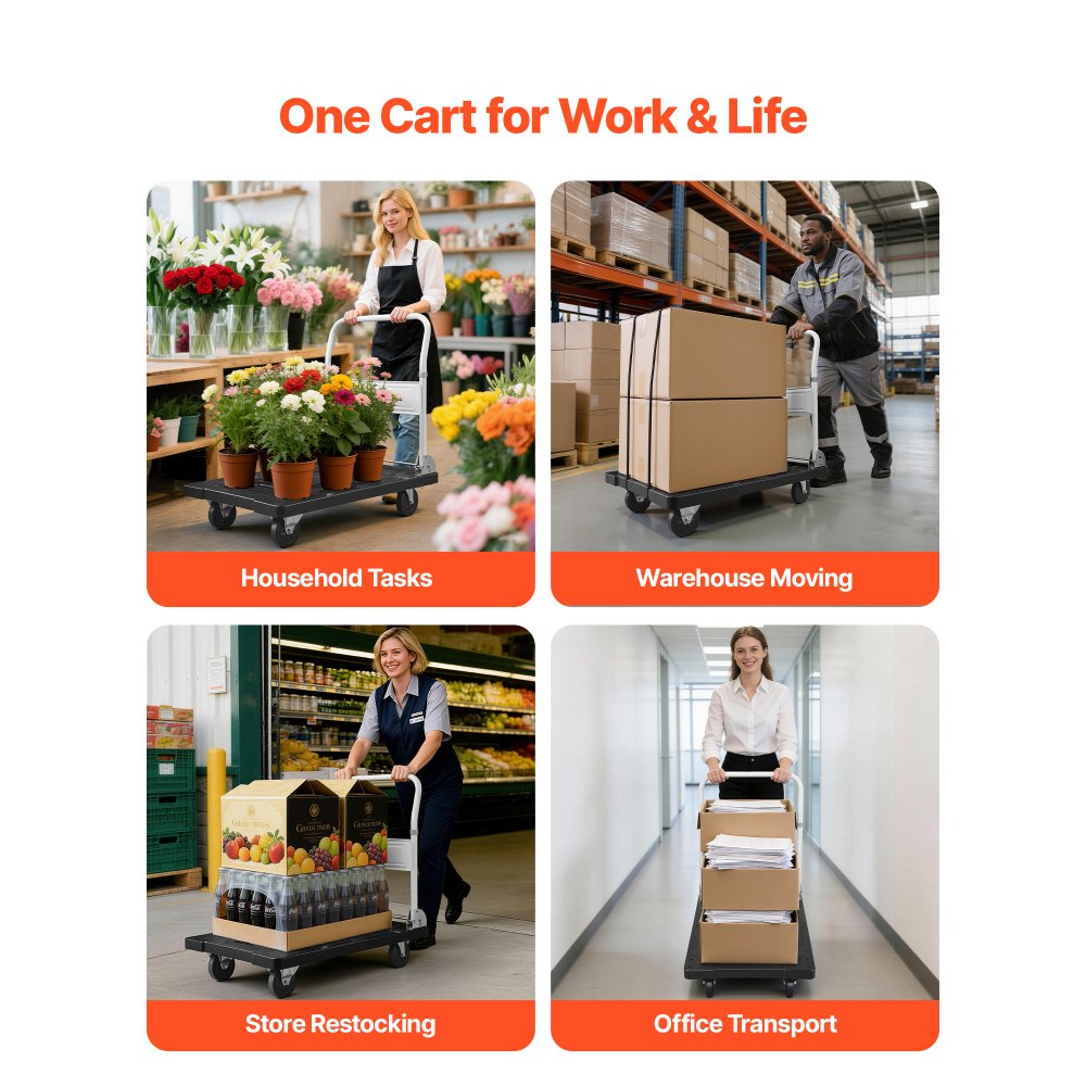 VEVOR Carro Plataforma Plegable 895 x 595 mm, Carretilla de Transporte Carga de 299,37 kg, Carrito Portaequipajes con Plataforma con Ruedas de 127 mm, Asa de Empuje para Tareas Domésticas, Almacén