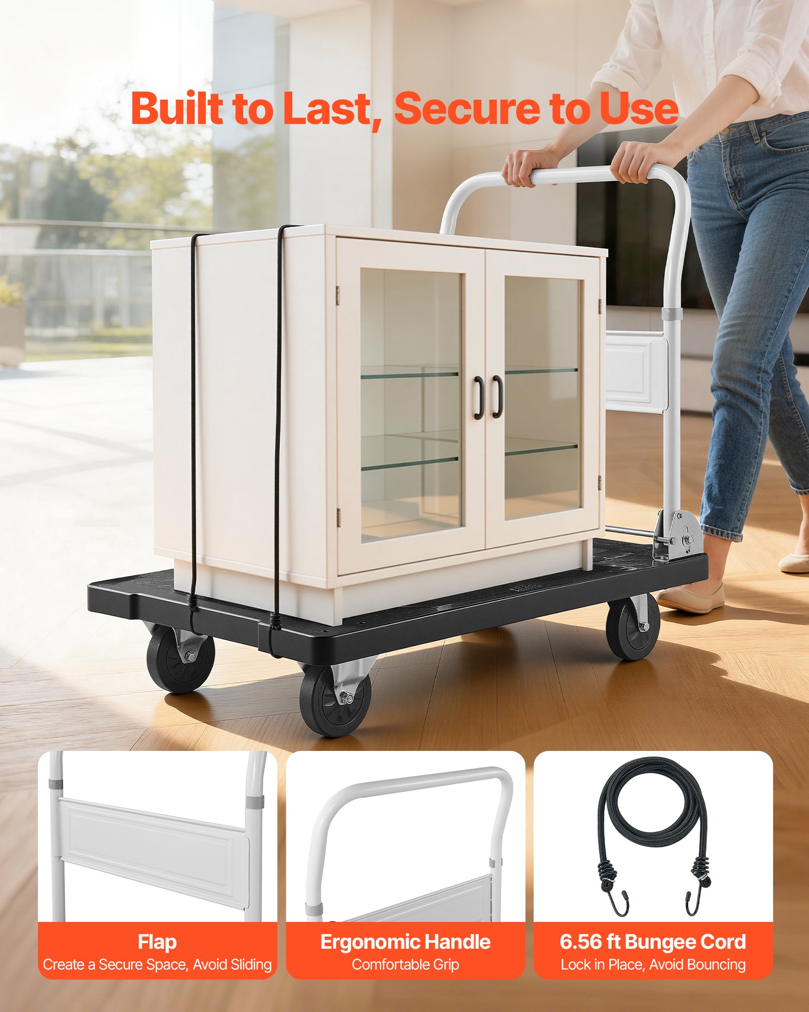 VEVOR Carro Plataforma Plegable 895 x 595 mm, Carretilla de Transporte Carga de 299,37 kg, Carrito Portaequipajes con Plataforma con Ruedas de 127 mm, Asa de Empuje para Tareas Domésticas, Almacén