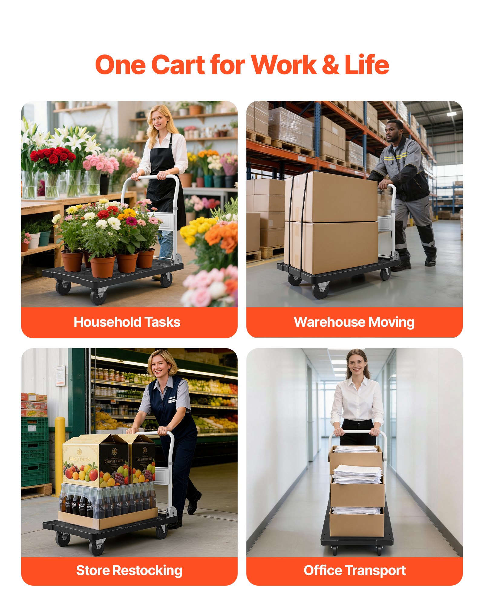 VEVOR Carro Plataforma Plegable 895 x 595 mm, Carretilla de Transporte Carga de 299,37 kg, Carrito Portaequipajes con Plataforma con Ruedas de 127 mm, Asa de Empuje para Tareas Domésticas, Almacén