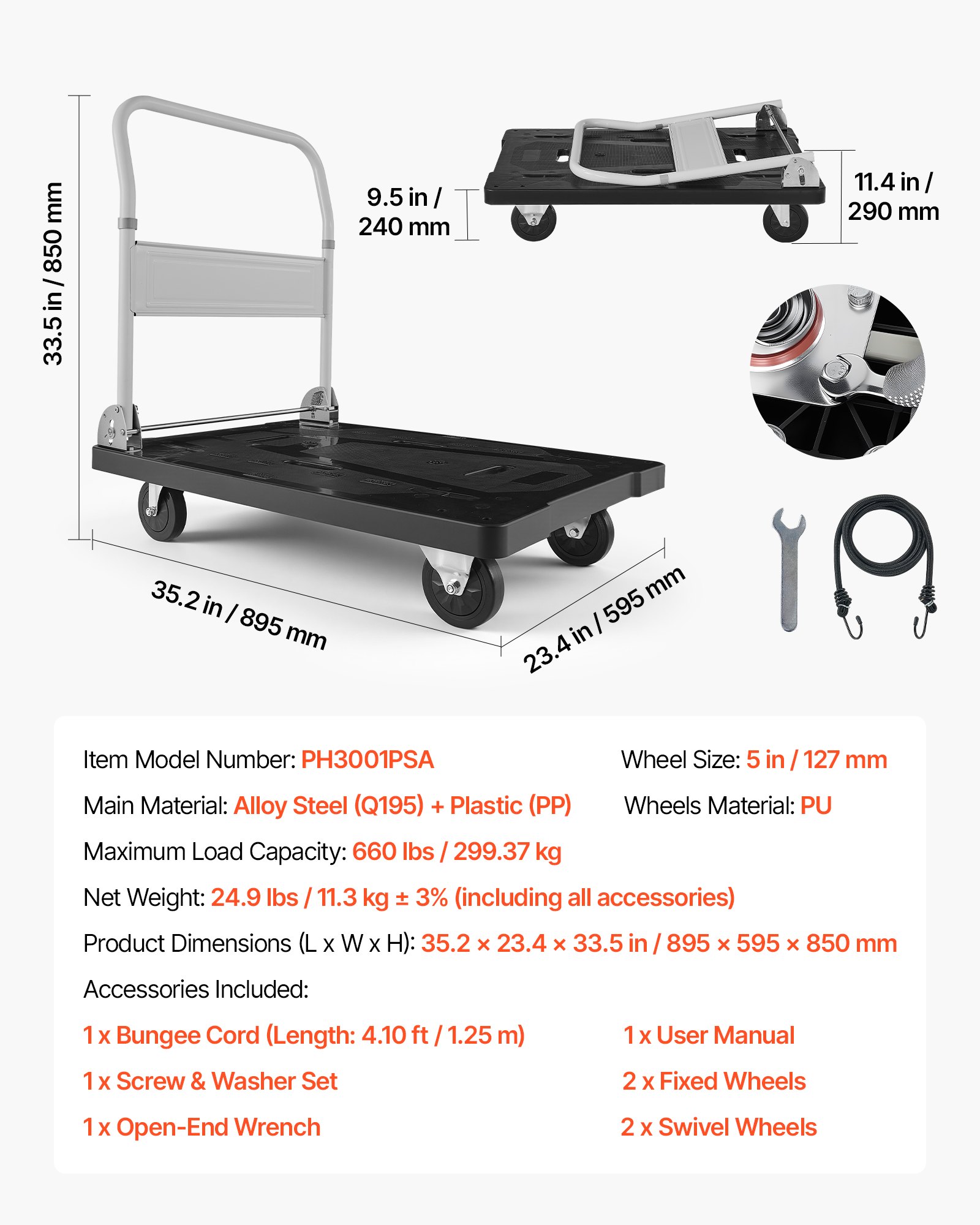 VEVOR Carro Plataforma Plegable 895 x 595 mm, Carretilla de Transporte Carga de 299,37 kg, Carrito Portaequipajes con Plataforma con Ruedas de 127 mm, Asa de Empuje para Tareas Domésticas, Almacén