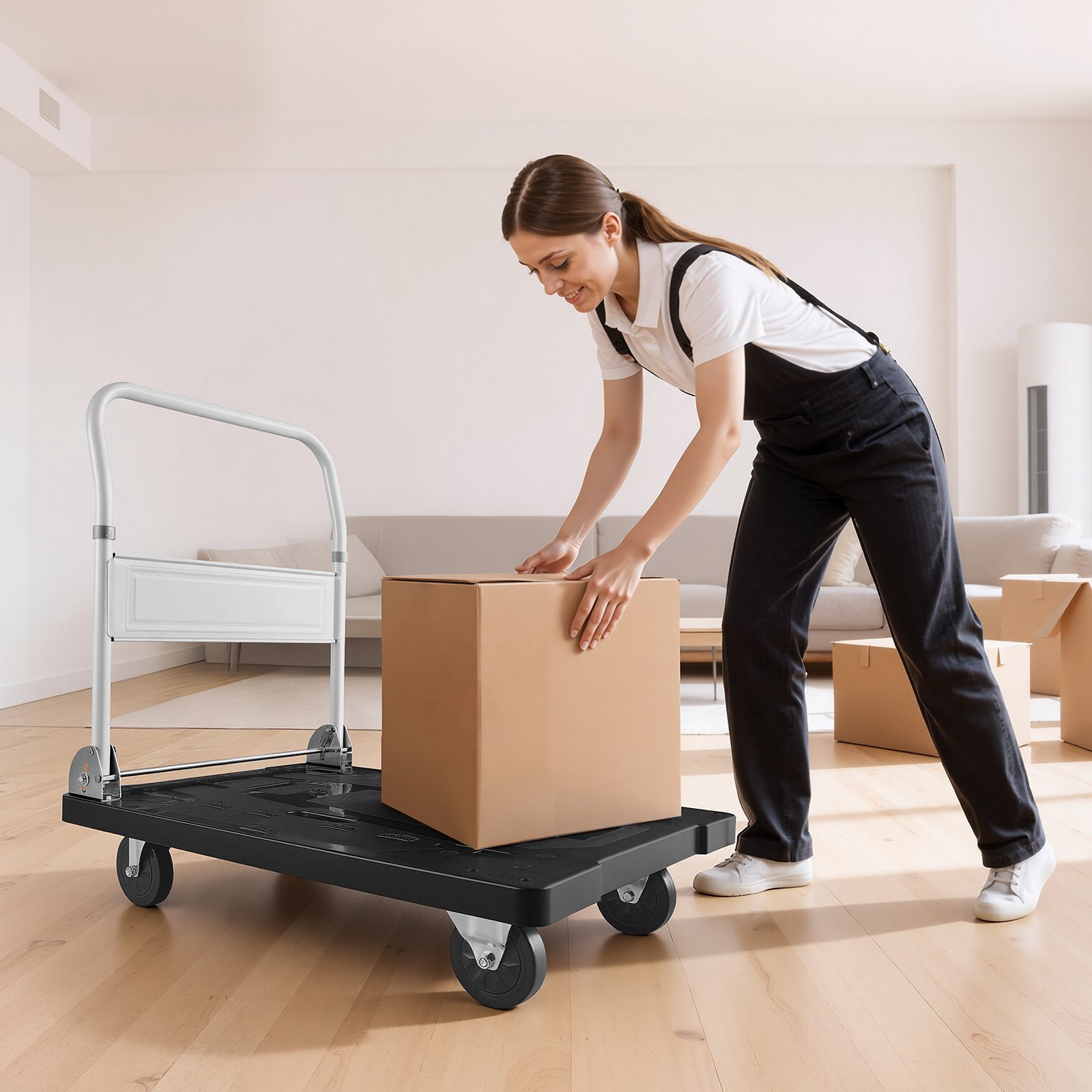 VEVOR Carro Plataforma Plegable 895 x 595 mm, Carretilla de Transporte Carga de 299,37 kg, Carrito Portaequipajes con Plataforma con Ruedas de 127 mm, Asa de Empuje para Tareas Domésticas, Almacén