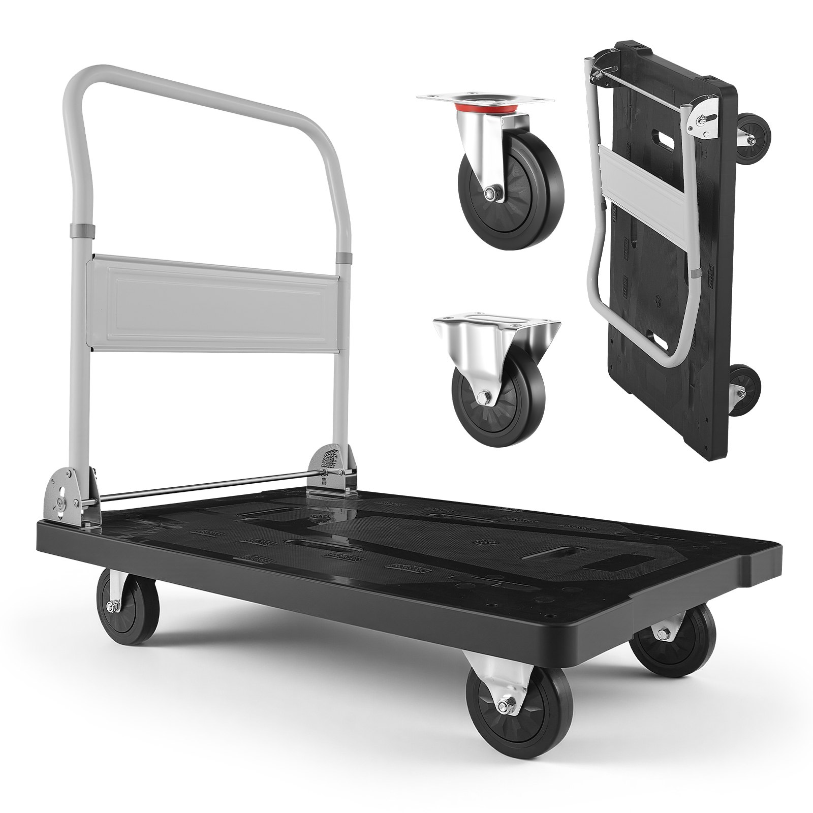 VEVOR Carro Plataforma Plegable 895 x 595 mm, Carretilla de Transporte Carga de 299,37 kg, Carrito Portaequipajes con Plataforma con Ruedas de 127 mm, Asa de Empuje para Tareas Domésticas, Almacén
