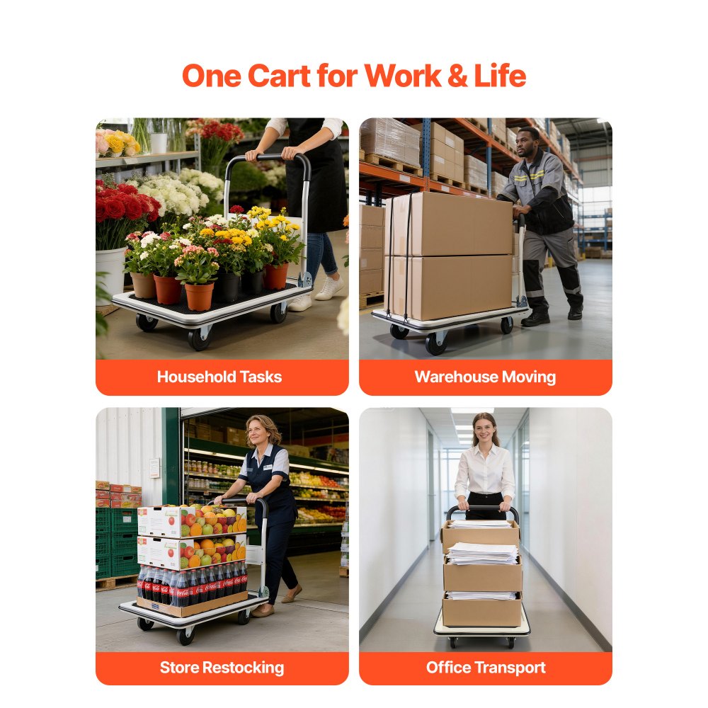 VEVOR Carro Plataforma Plegable 900 x 610 mm, Carretilla de Transporte Carga de 299,37 kg, Carrito Portaequipajes con Plataforma con Ruedas de PVC de 123 mm, para Tareas Domésticas, Almacén, Mudanza