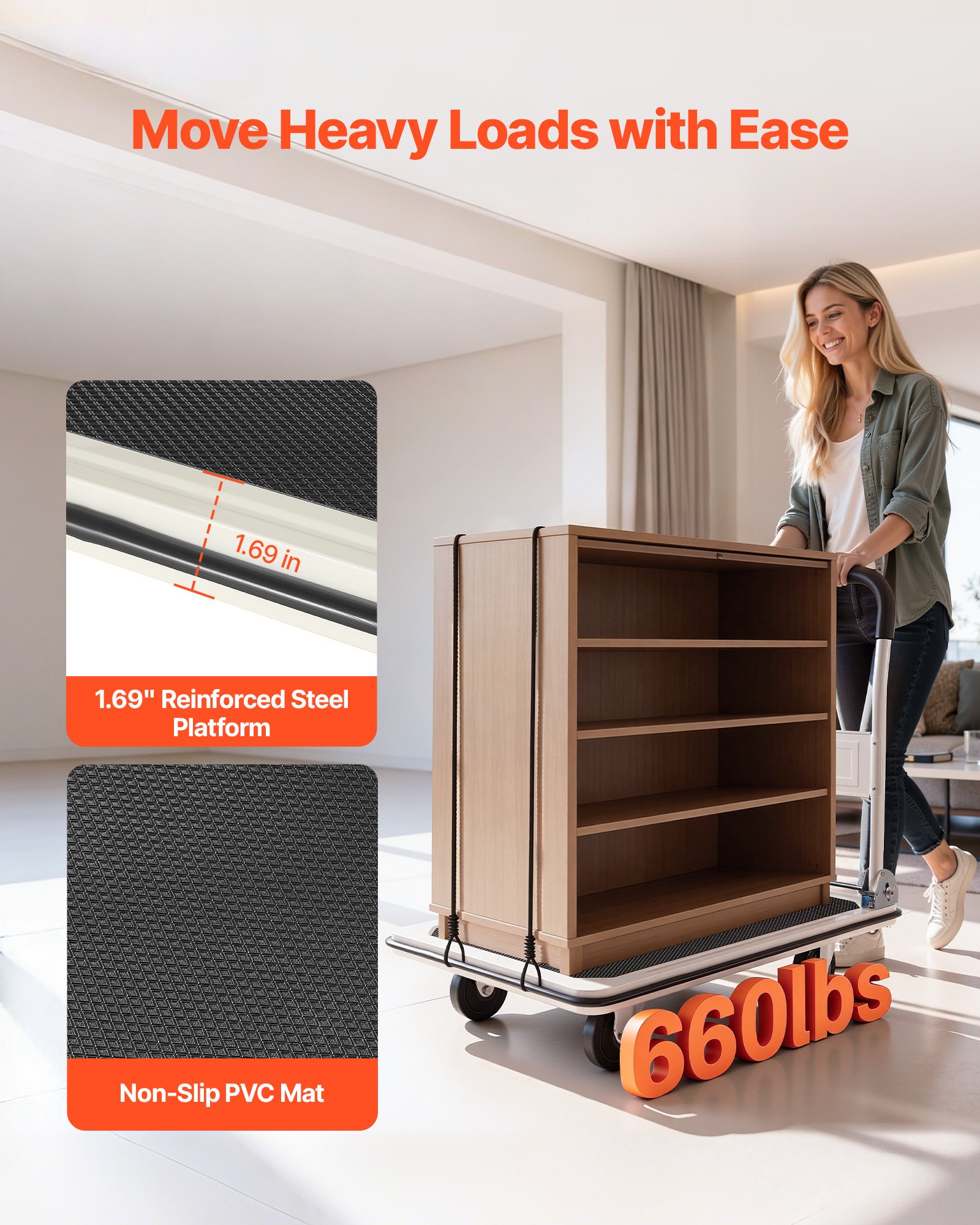 VEVOR Carro Plataforma Plegable 900 x 610 mm, Carretilla de Transporte Carga de 299,37 kg, Carrito Portaequipajes con Plataforma con Ruedas de PVC de 123 mm, para Tareas Domésticas, Almacén, Mudanza