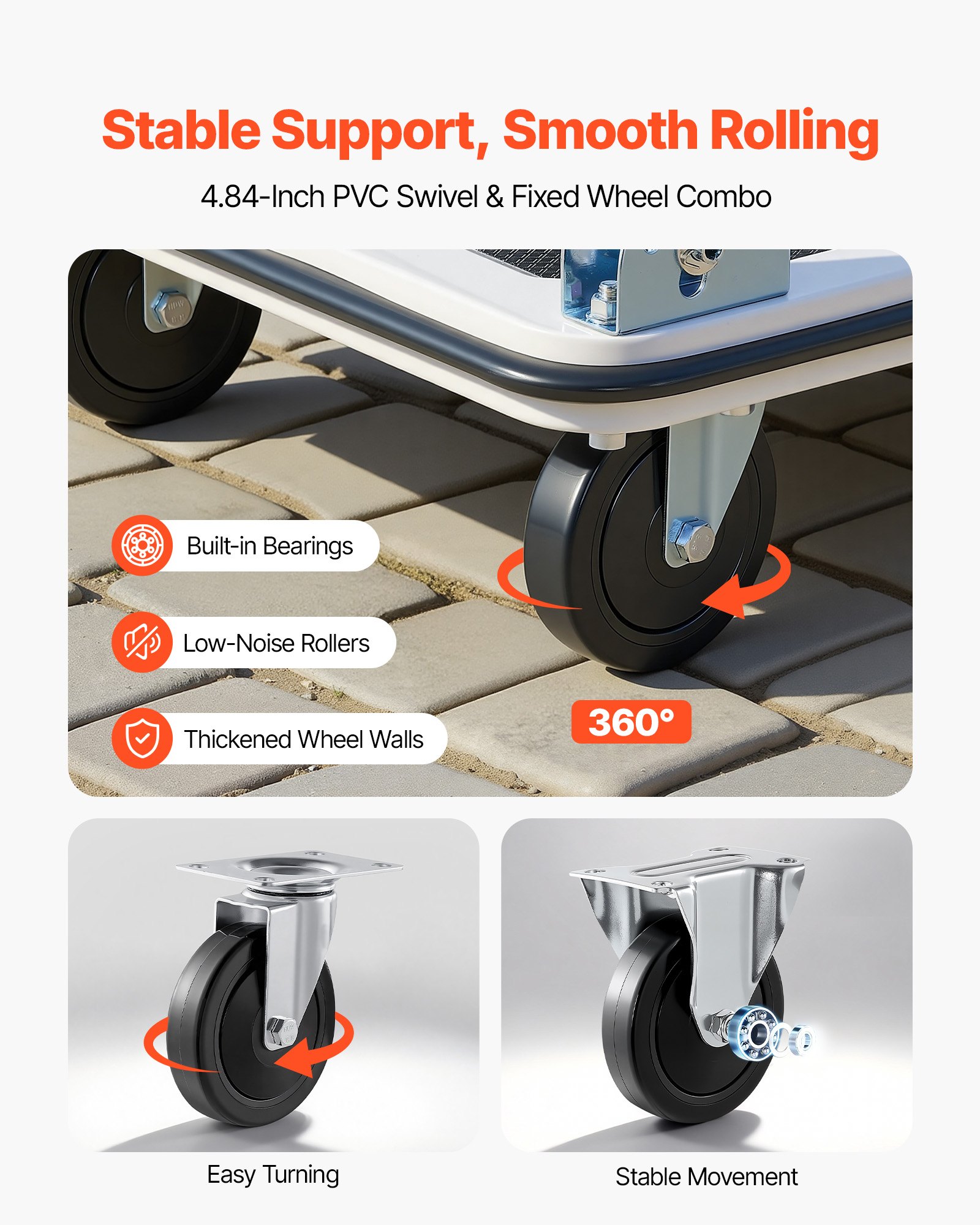 VEVOR Carro Plataforma Plegable 900 x 610 mm, Carretilla de Transporte Carga de 299,37 kg, Carrito Portaequipajes con Plataforma con Ruedas de PVC de 123 mm, para Tareas Domésticas, Almacén, Mudanza