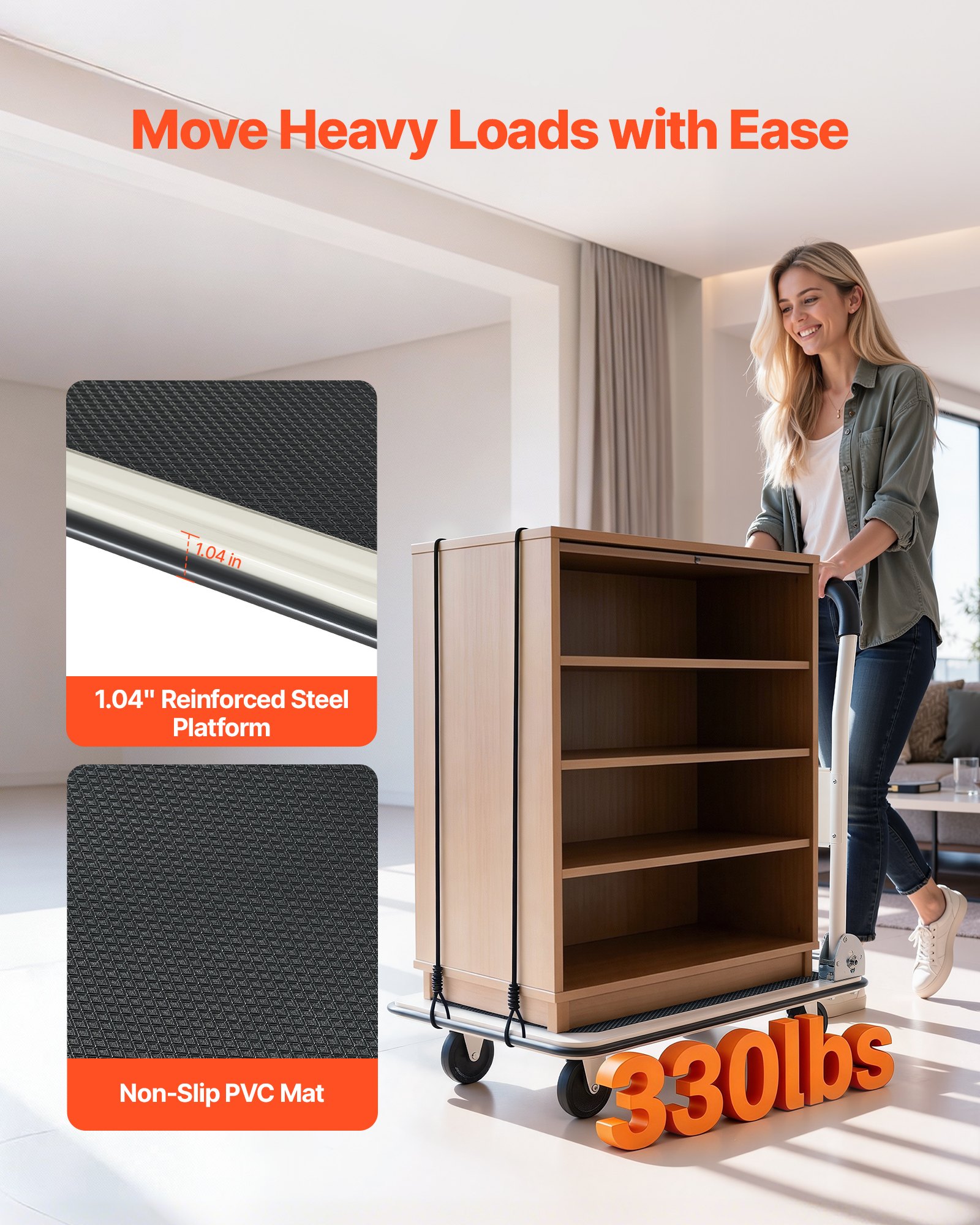 VEVOR Carro Plataforma Plegable 735 x 480 mm, Carretilla de Transporte Carga de 149,69 kg, Carrito Portaequipajes con Plataforma con Ruedas de PP de 96 mm, para Tareas Domésticas, Almacén, Mudanza