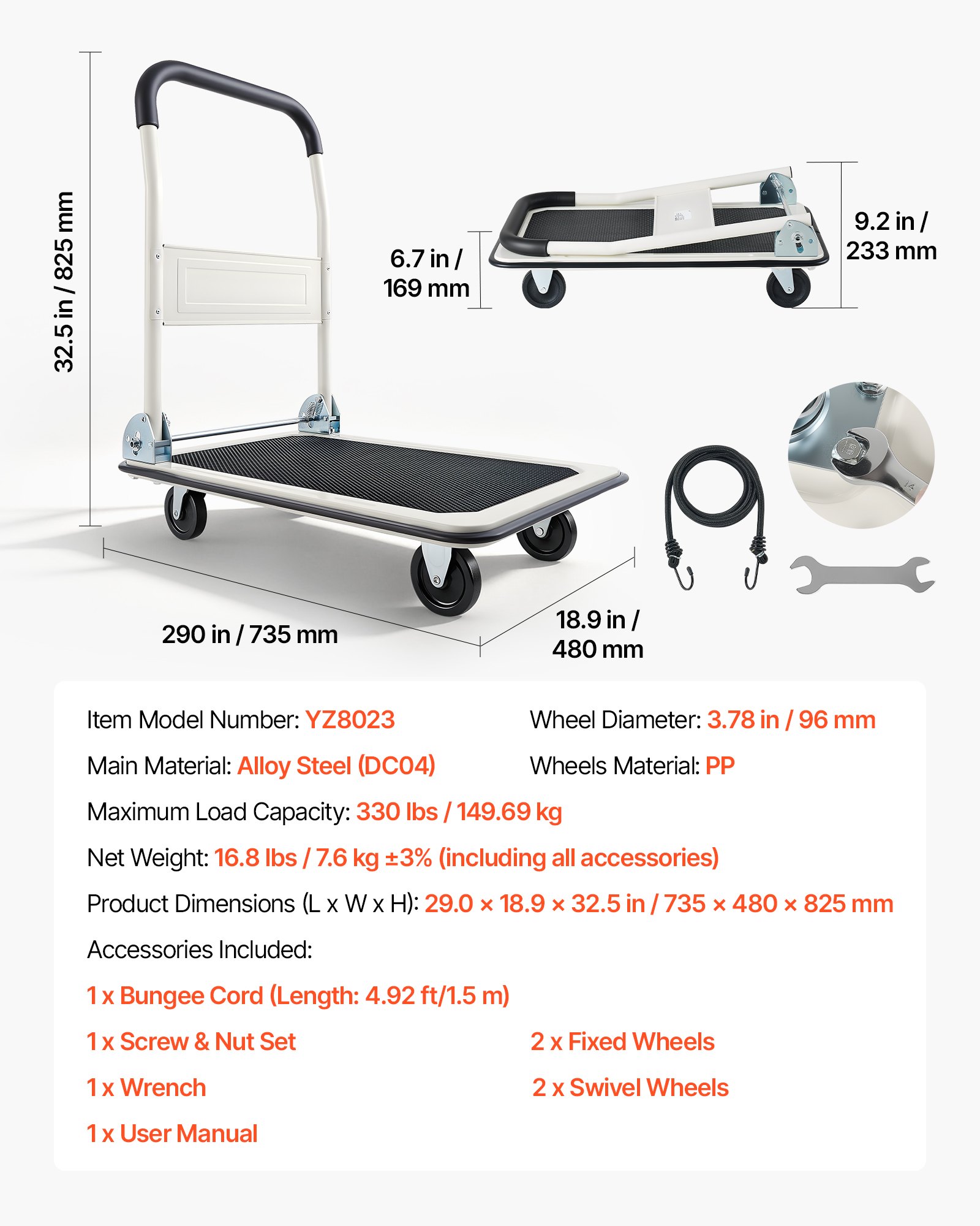 VEVOR Carro Plataforma Plegable 735 x 480 mm, Carretilla de Transporte Carga de 149,69 kg, Carrito Portaequipajes con Plataforma con Ruedas de PP de 96 mm, para Tareas Domésticas, Almacén, Mudanza