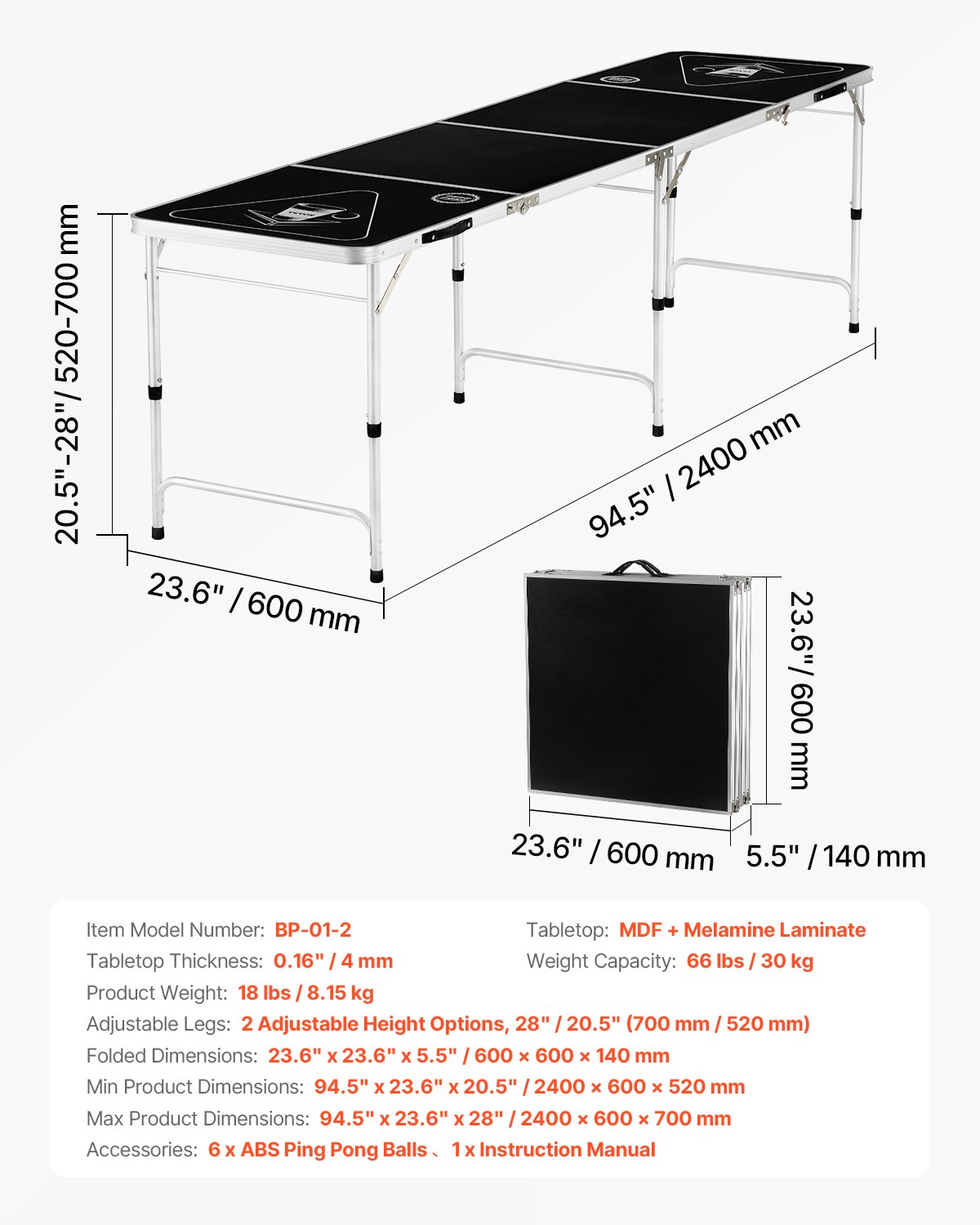VEVOR Mesa de Beer Pong Portátil 2,4 m Mesa Plegable para Portón Trasero Asa de Transporte y 6 Pelotas de Ping Pong Mesa Liviana para Oficina, Fiesta en Portón Trasero, Viajes, Campamentos, Negro