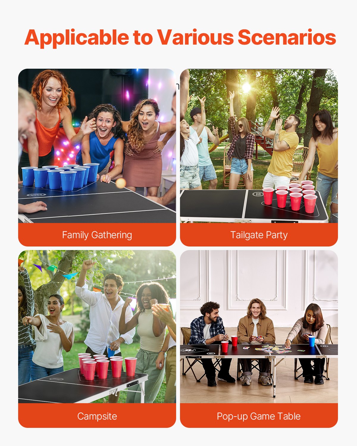 VEVOR Portable Foldable Beer Pong Table (240 x 60 x 52/70 cm), Beer Pong Table with Carrying Handles & 6 Pong Balls, Height-Adjustable Tailgate Table for Office, Tailgate Party, Travel and Camping